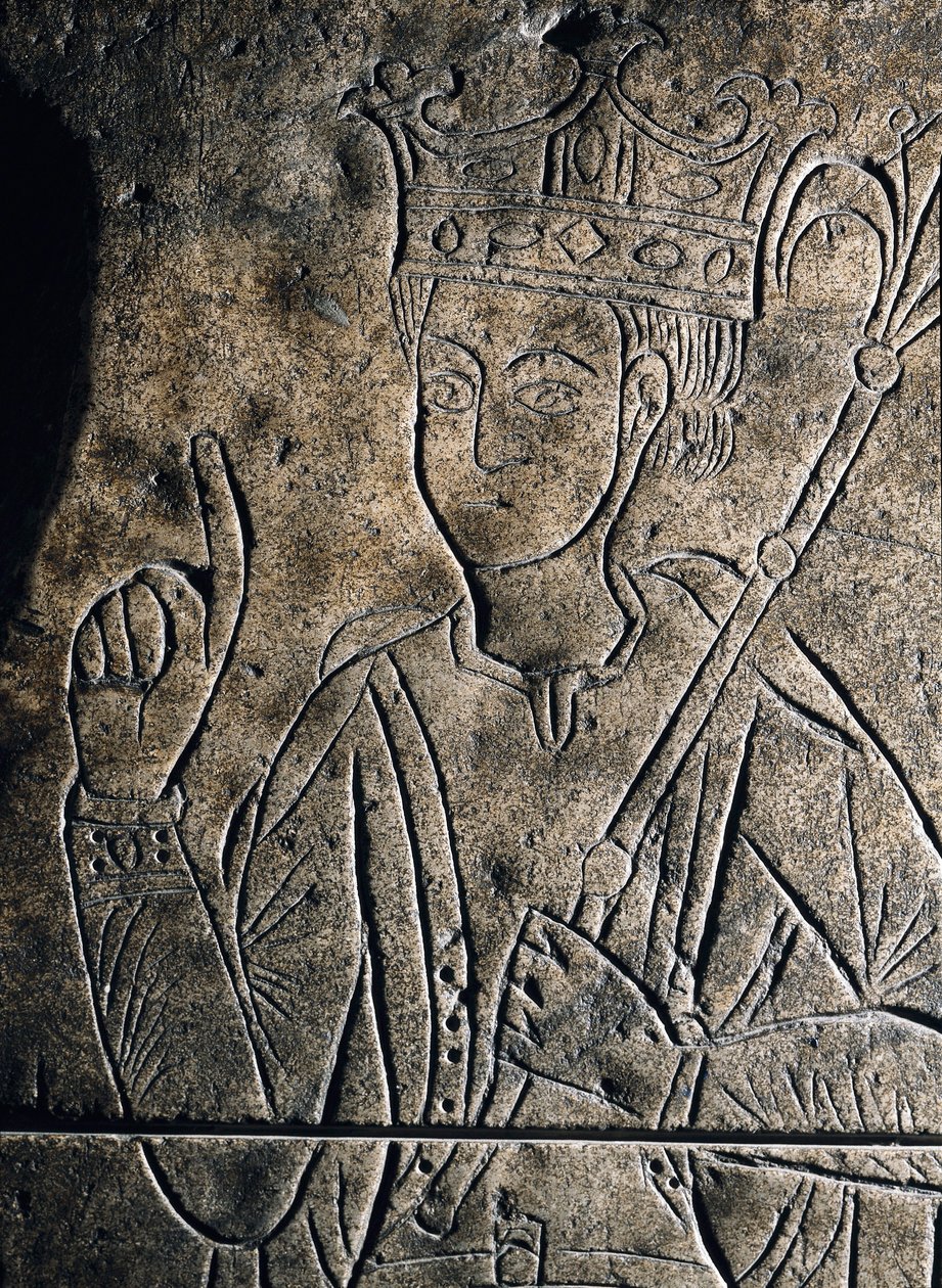 Voorstelling van Sanchez II Garcia (1010-1029), Graaf van Castilië. Laag reliëf gebeeldhouwd op het graf van het klooster van San Salvador, in Ona (Spanje). door Unknown artist