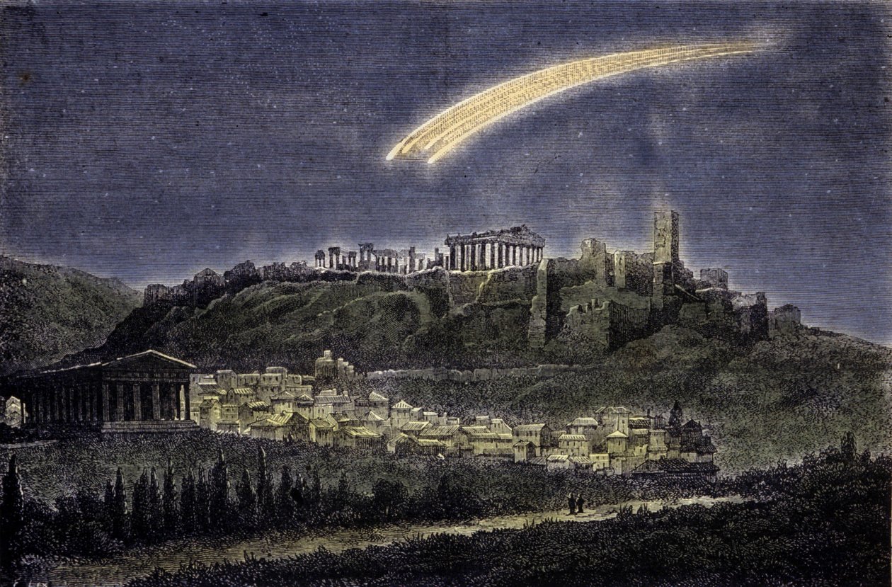 Voorstelling van een komeet boven de stad Athene in 1878 door Unknown artist