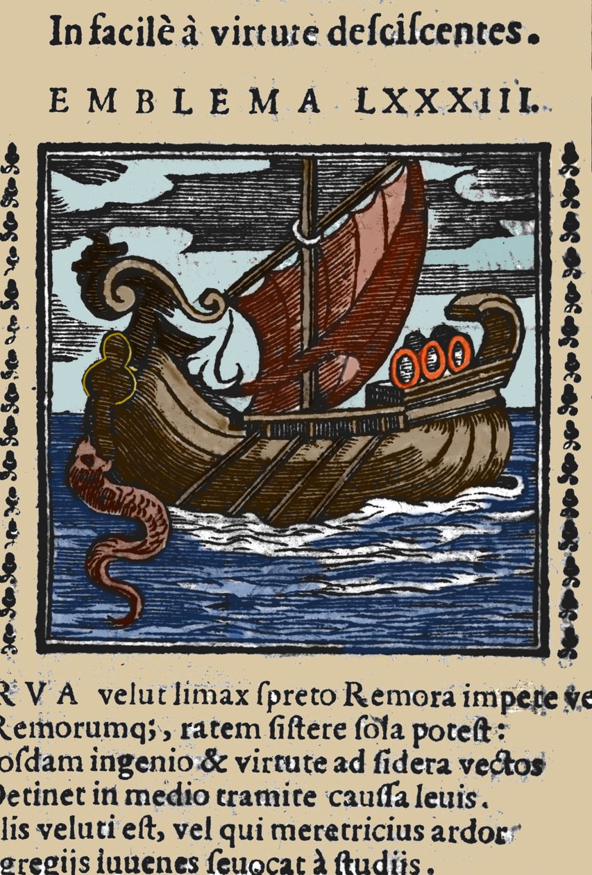 Weergave van een remora die volgens de verhalen van Plinius, Sint Ambrosius en Rabelais schepen aanviel door zijn staart met een zuignap aan een rots te bevestigen en het schip met zijn mond te blokkeren. Gravure uit een 17e-eeuws werk door Unknown artist