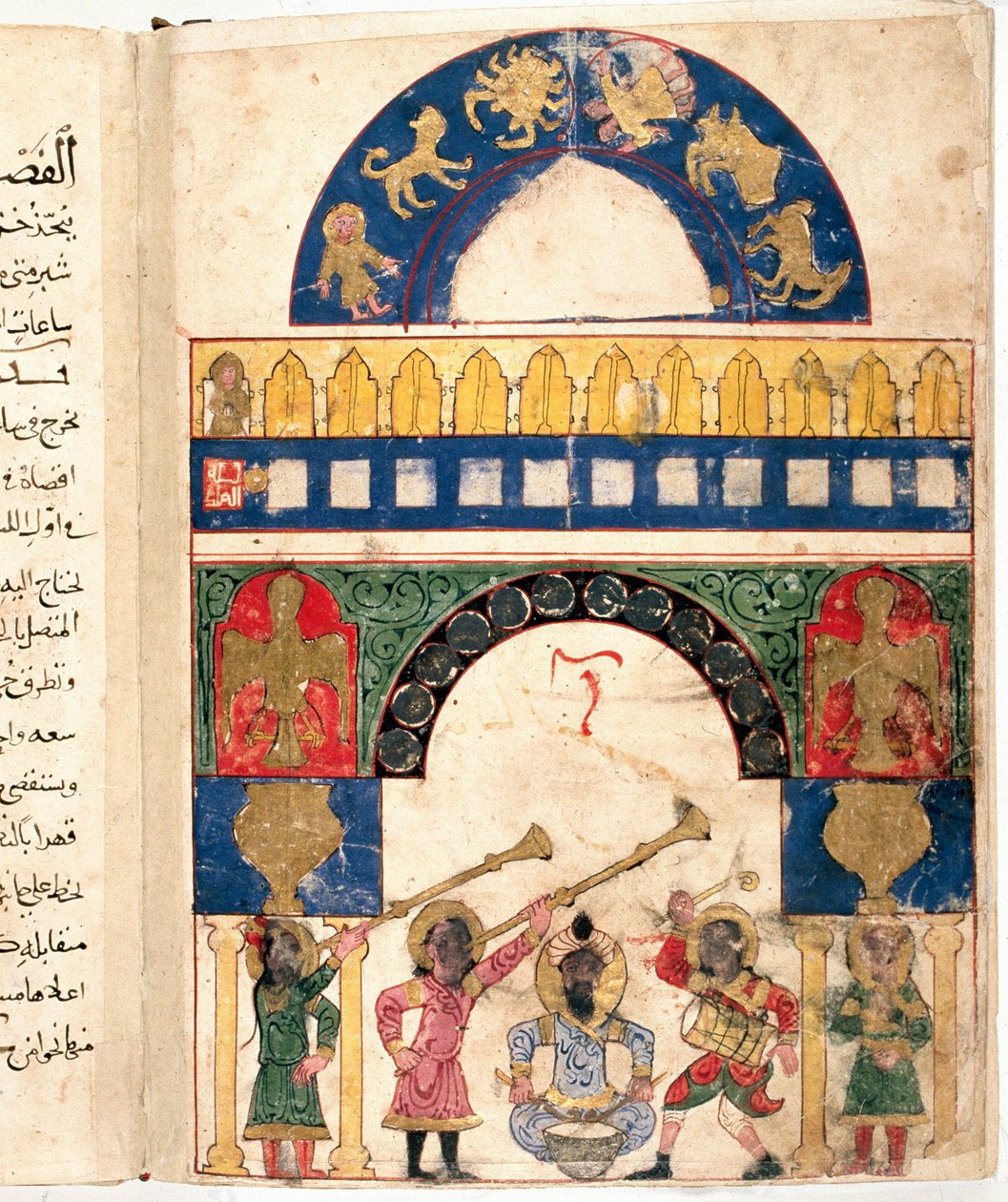 Voorstelling van een waterclepsydra (klok) ontworpen door de Turkse ingenieur Ibn al-Rajjaj al-Jazari en een kalender. Het onderscheidt de cirkel van de dierenriem, de zon, de maan door Unknown artist