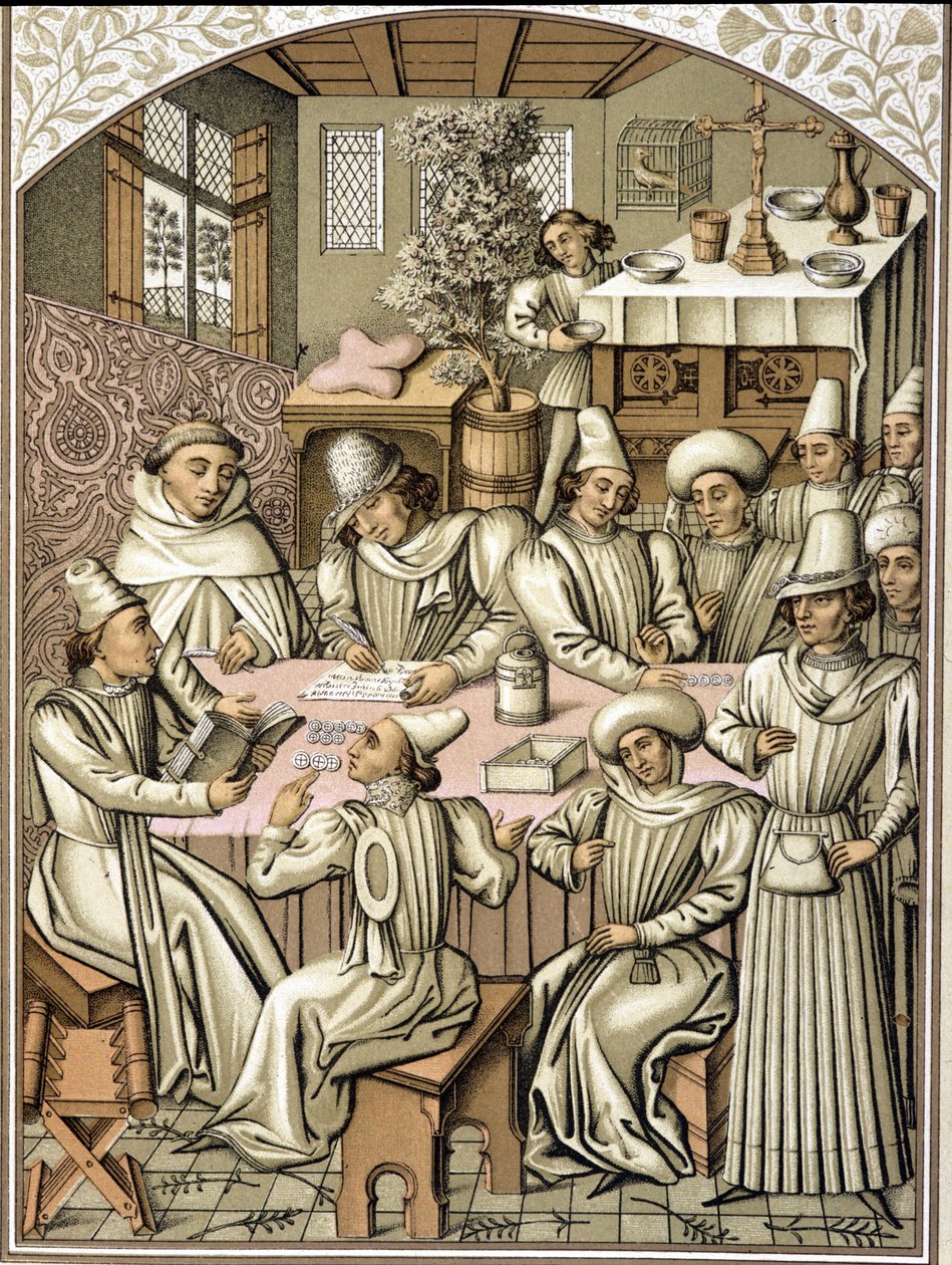 Weergave van ambtenaren in de 14e eeuw (chromolithografie uit het boek van rekeningen van de broederschap 