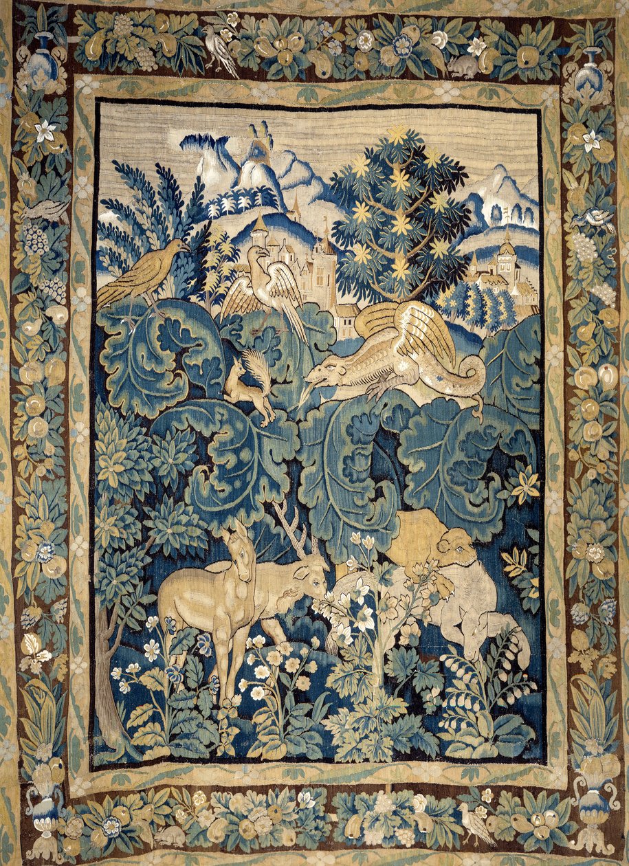 Voorstelling van fantastische dieren in een maagdelijk bos door Unknown artist