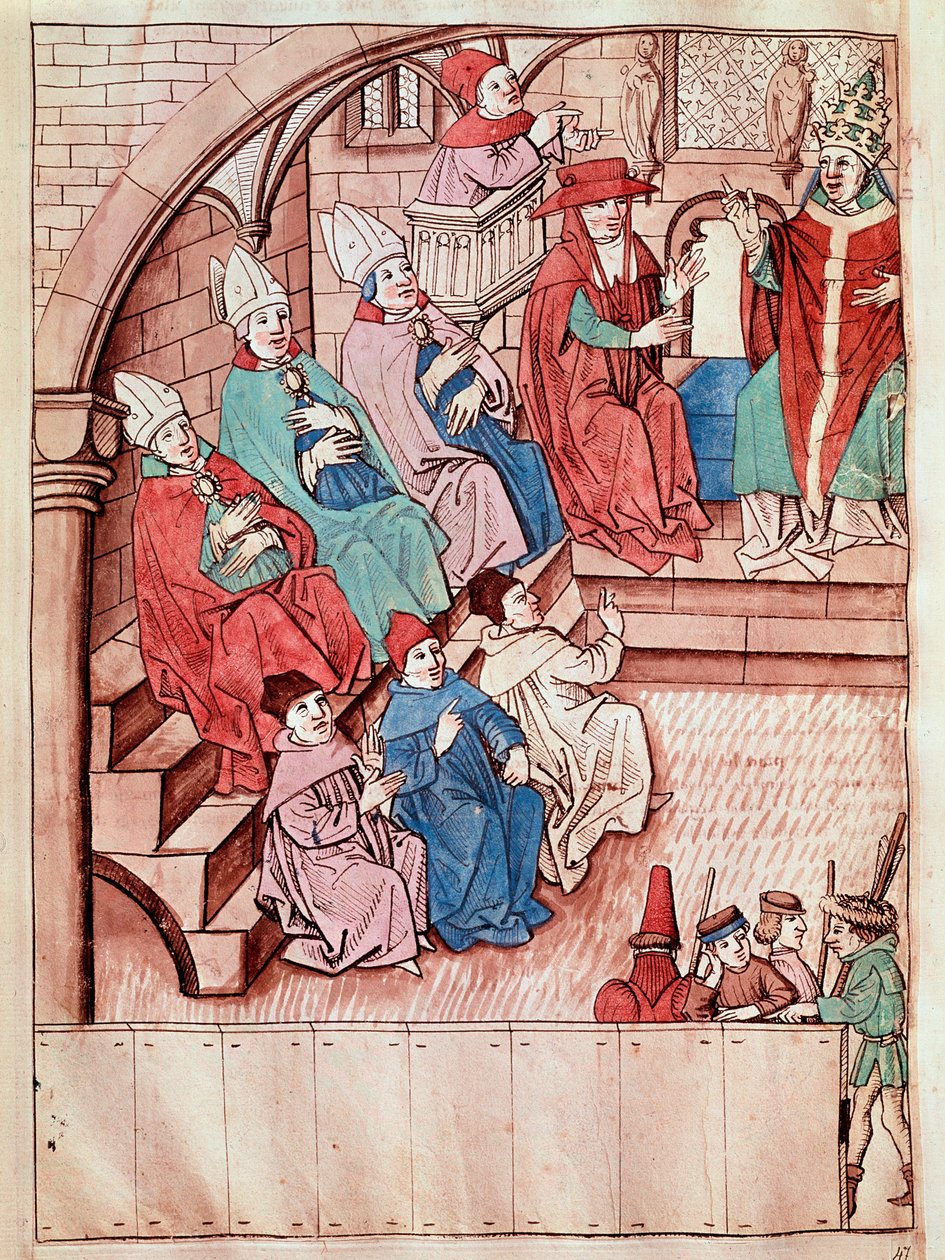 Afbeelding van het Concilie van Konstanz tussen 1414 en 1418, bovenaan Paus Martinus V Miniatuur uit de 