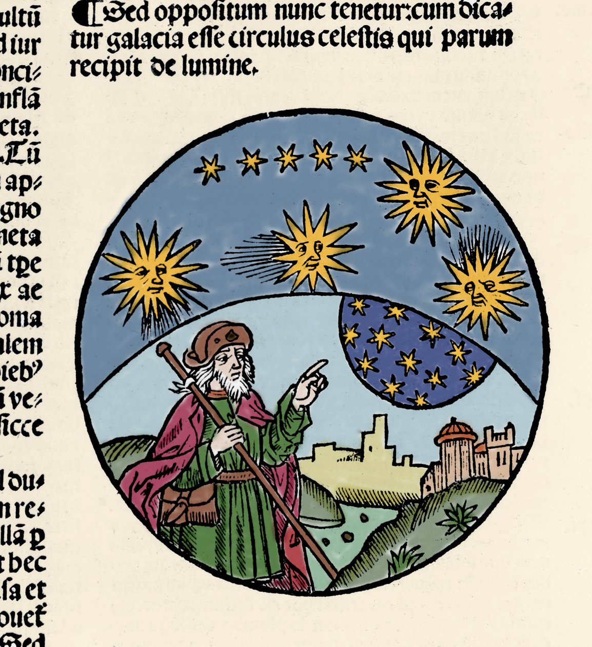 Voorstelling van de Griekse filosoof Aristoteles (384-322 v.Chr.) die de sterren aanwijst. Gravure uit 