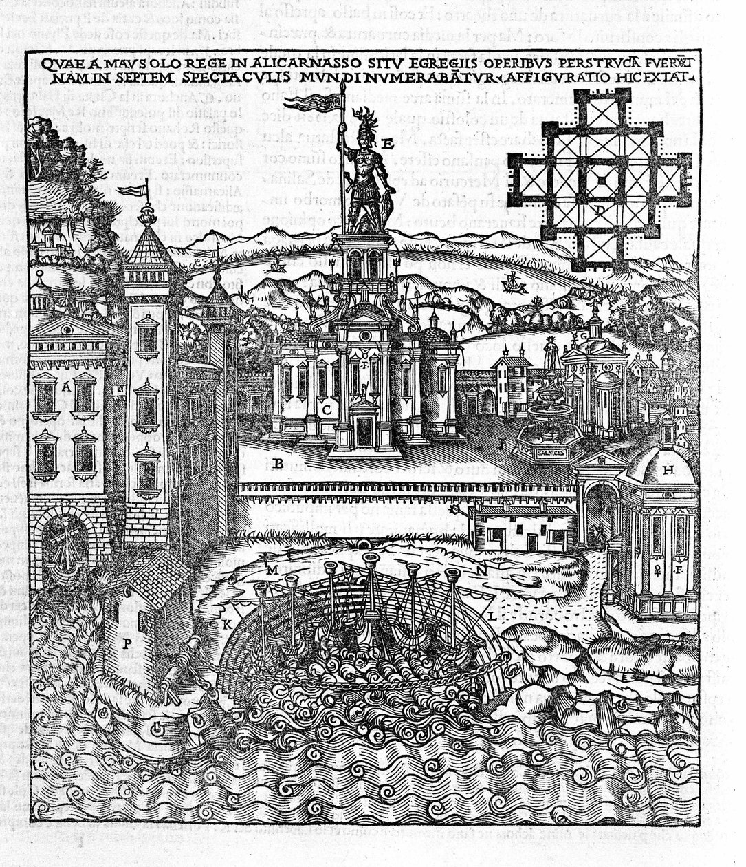 Voorstelling van de Zeven Wonderen van de Oudheid: het Mausoleum van Halicarnassus aan de Egeïsche Zee in het zuidwesten van Turkije. Gravure in 