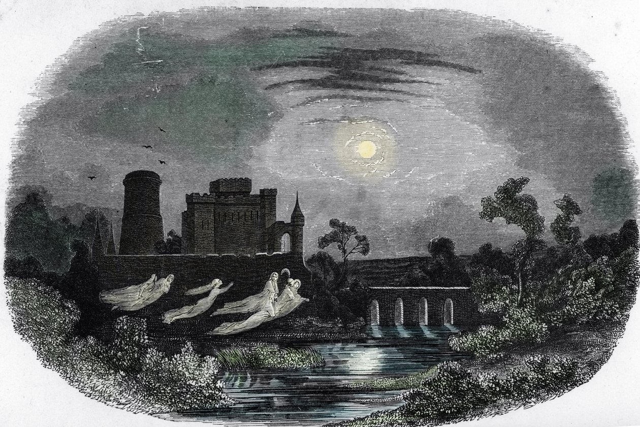 Geesten van de oude heren van Blandy rond de muren van het kasteel, Blandy-les-Tours, Seine en Marne, gravure uit 