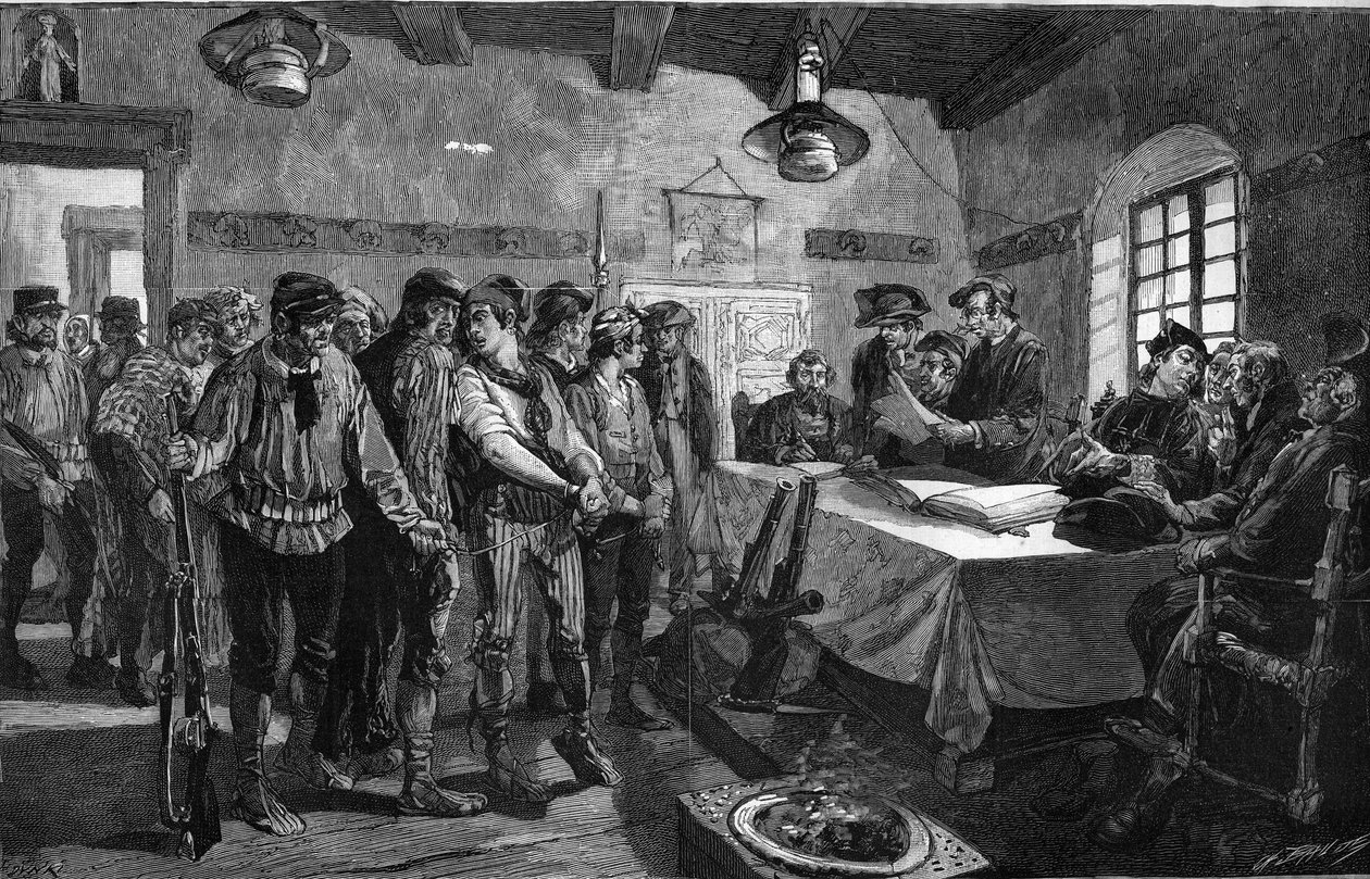 Republiek Andorra en anti-Franse agitatie: het hof van Corts van de bisschop van Urgel partij (Monseigneur Caixal) oordeelt de liberalen van de Franse partij na de vaststelling van de verkiezingen tijdens de stemming. Gravure in "Le Monde Illustré" door Unknown artist