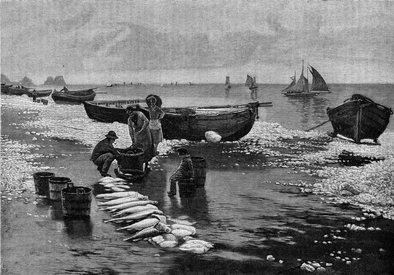 Terugkeer van de vissers op het strand van Belle Isle (Belle-Isle) in Bretagne. Gravure in 