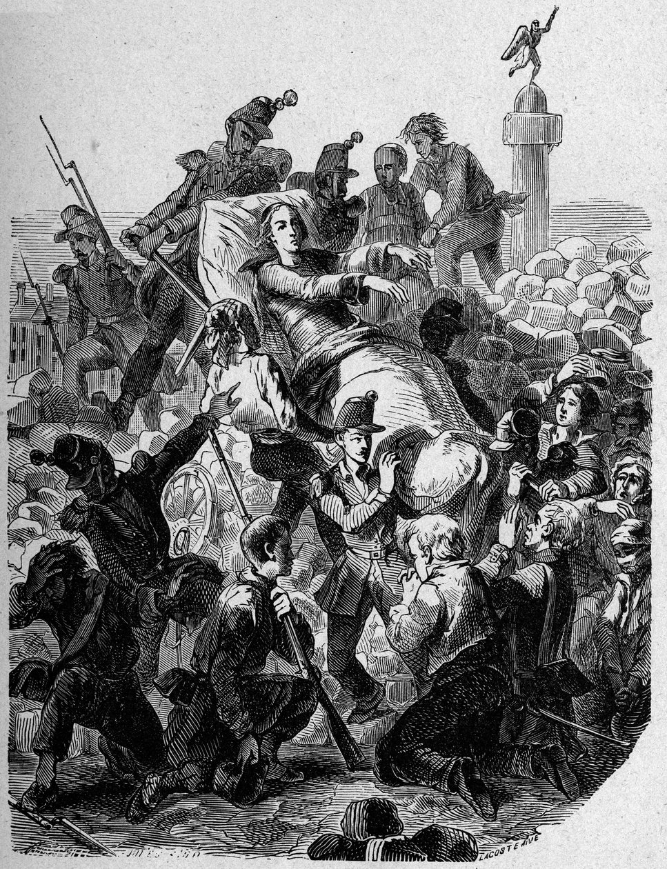 Revolutie 1848: "De aartsbisschop Denis Affre (1793-1848) gewond en op een brancard gedragen in 1848." door Unknown artist