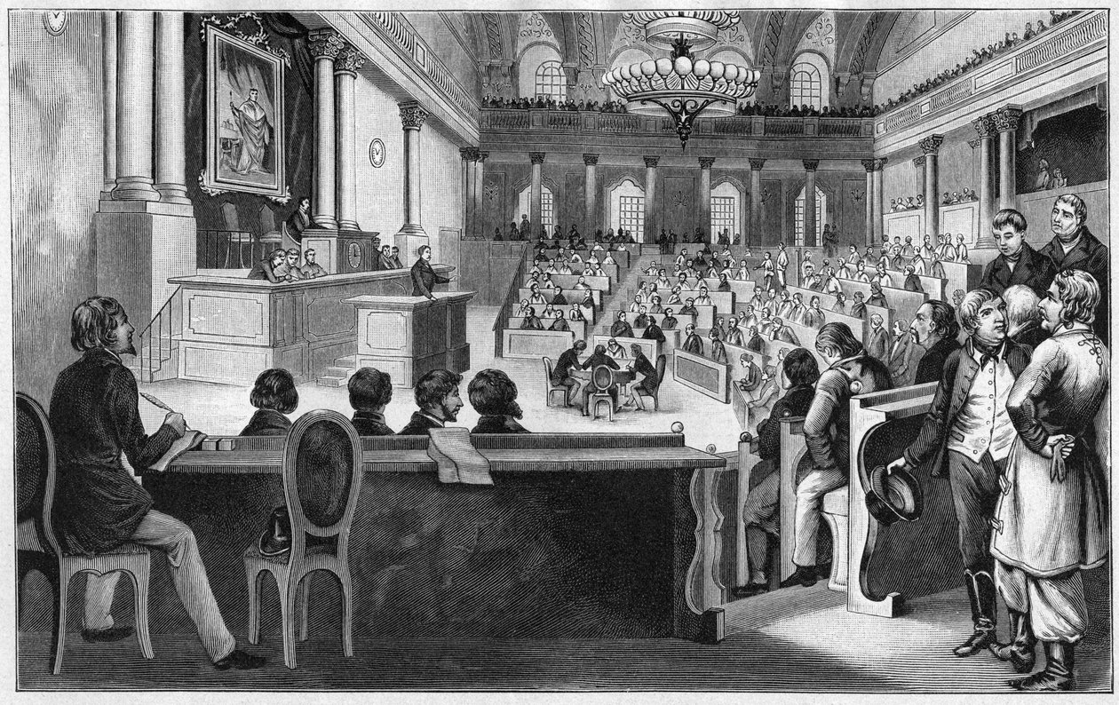 Revolutie in Wenen 1848 - De bijeenkomst van de eerste Oostenrijkse Grondwetgevende Vergadering (Reichsversammlung), juli 1848, in de Spaanse Rijschool in Wenen, Oostenrijk. door Unknown artist