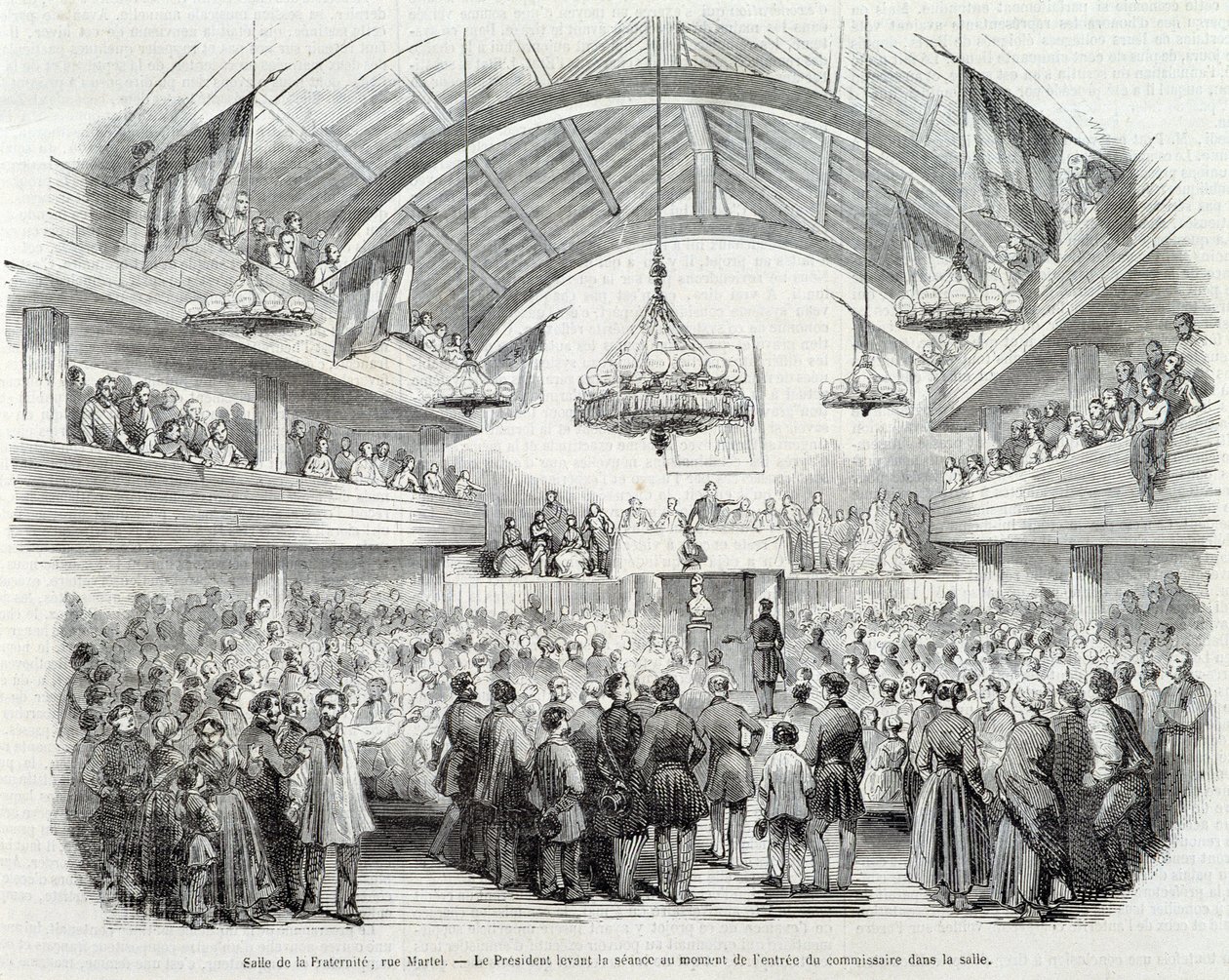 Revolutie van 1848: Broederschapshal, Rue Martel, de voorzitter schorste de zitting bij de binnenkomst van de commissaris in de zaal door Unknown artist