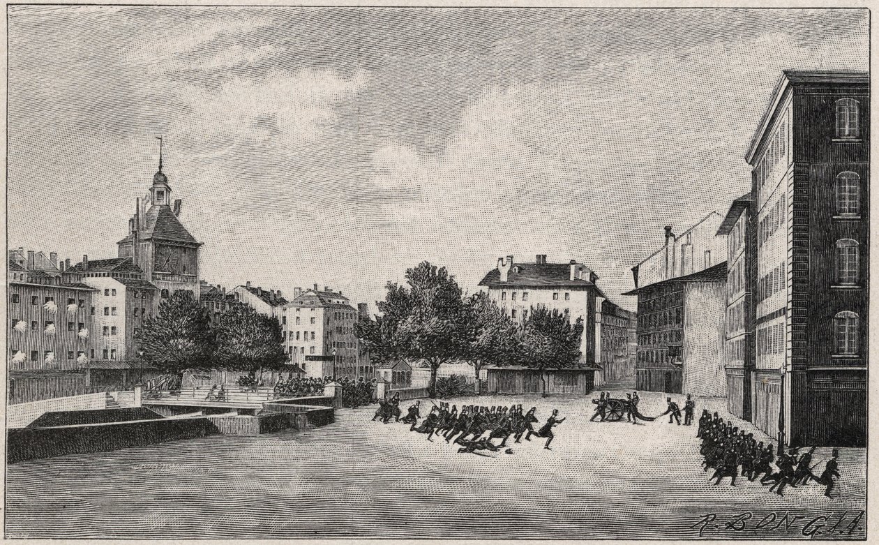 Revolutie van Genève van 7 tot 8 oktober 1846 (fazyst revolutie): verdediging van St Gervais op 7 oktober 1846 - Uitzicht op Place de Bel Air en Ponts-de-l