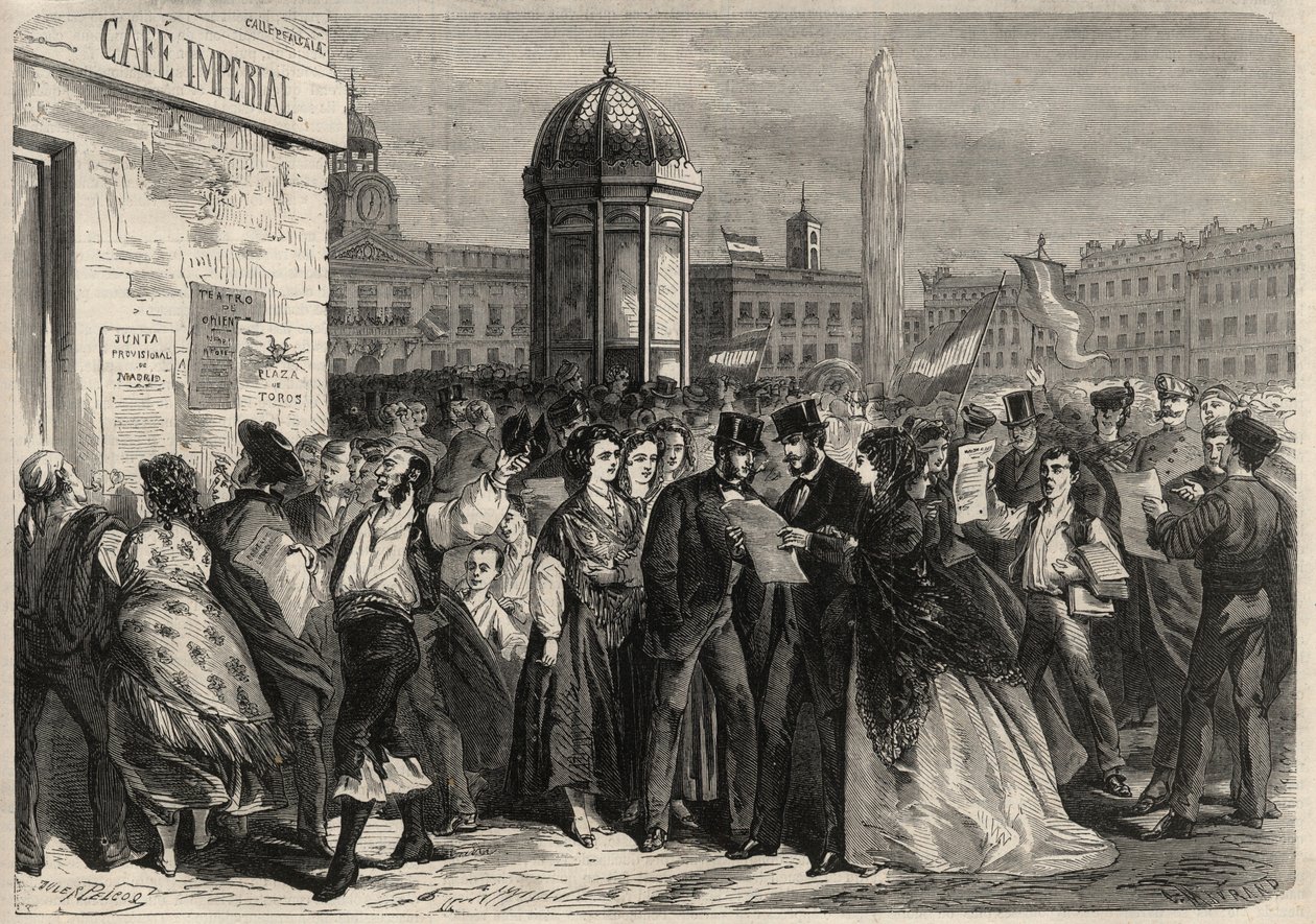 Revolutie van september 1868 in Spanje (Gloriosa): het voorlezen van het manifest van de junta, in de straat van Alcala in Madrid. Gravure in 