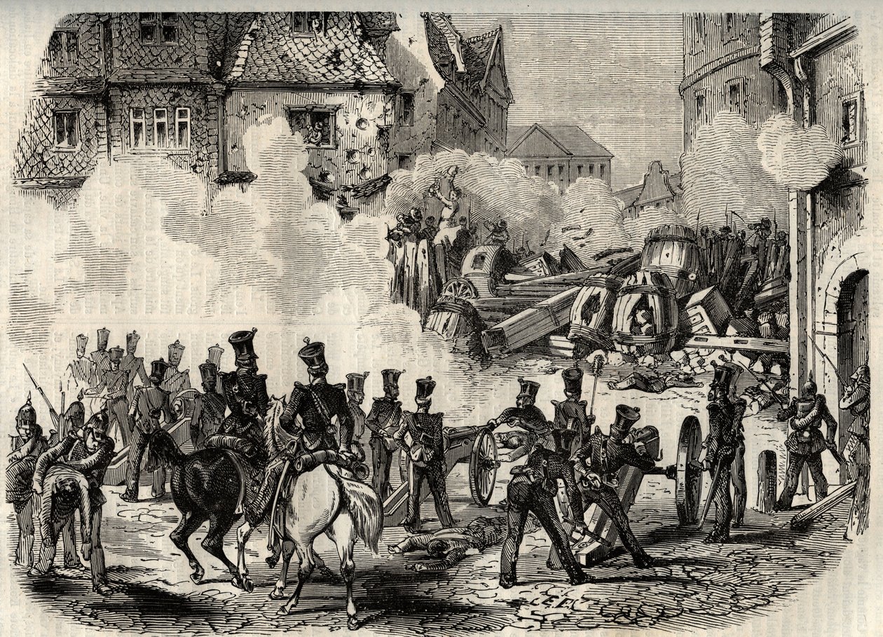 Revoluties 1848 - 1849, Duitsland, Frankfurt - Troepen bestormen een barricade in Frankfurt, Duitsland, op 18 september door Unknown artist