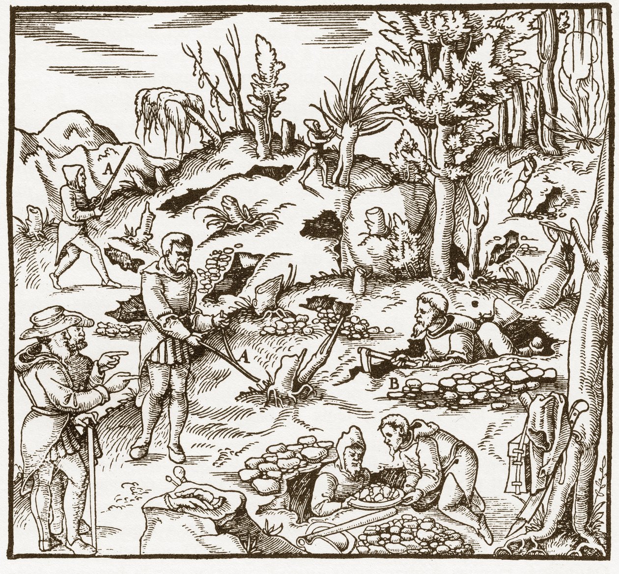 Rhabdomantie - Verkenning van een mijnveld met behulp van de wichelroede - Mannen snijden en gebruiken wichelroedes om mineralen te lokaliseren - Uit De re metallica door Georgius Agricola (Georg Bauer), Basel door Unknown artist