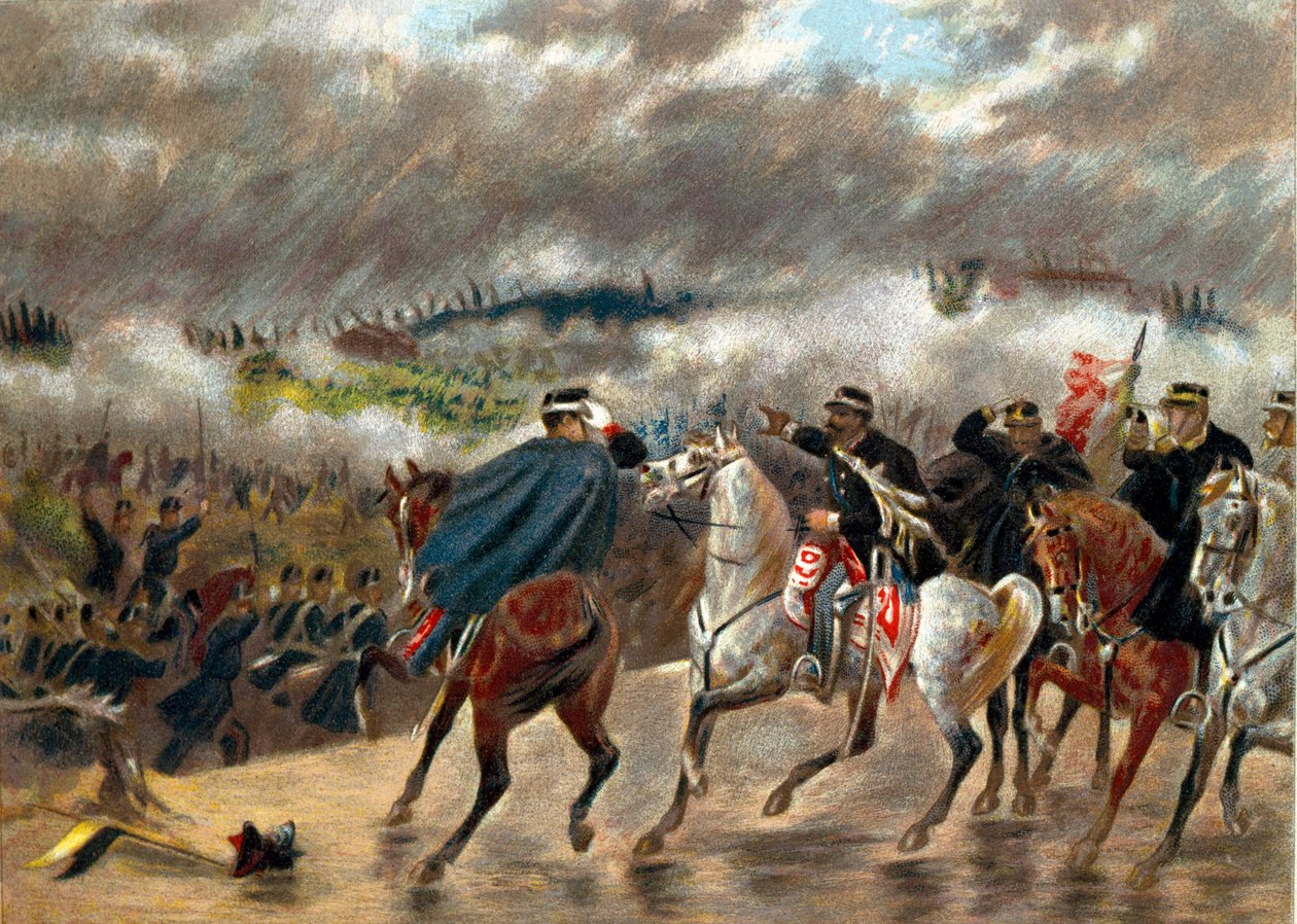 Italiaanse Campagne (1859): Victor Emmanuel II tijdens de Slag bij San Martino leidde de Piemontese troepen tegen het Oostenrijkse leger op 24/06/1859. Privécollectie door Unknown artist