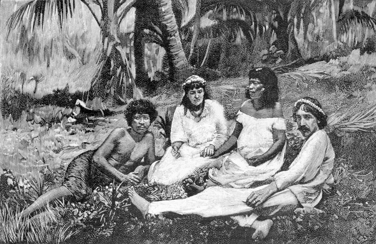 Robert Louis Stevenson (1850 - 1894) met zijn vrouw in Samoa waar hij zijn residentie had in Vailima. Gravure rond 1890-1895. door Unknown artist