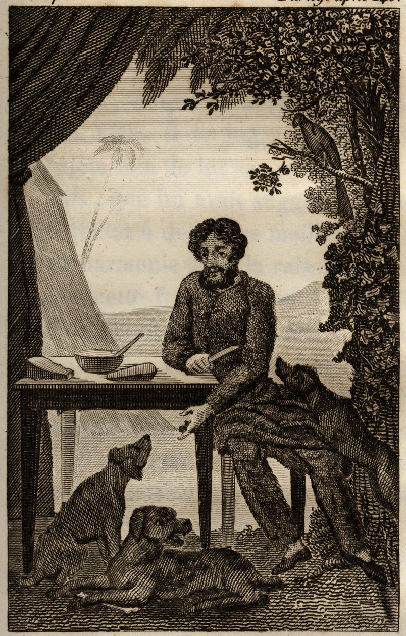 De honden van Robinson Crusoe wachten tot hij wat stukken te eten gooit, gravure ingevoegd in 