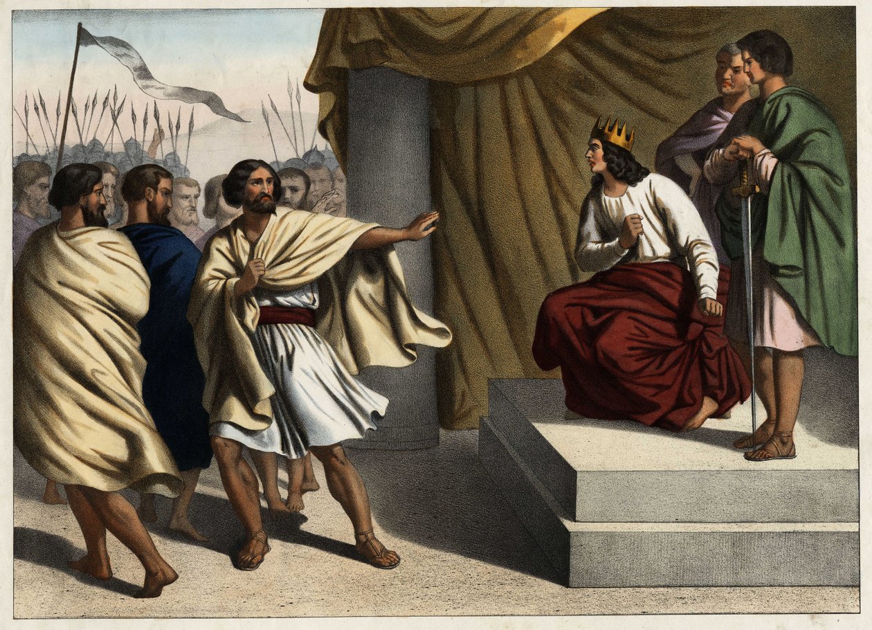Roboam, de eerste koning van Juda, veroorzaakte de opstand van de tien noordelijke stammen. Anonieme gravure uit het midden van de 19e eeuw. door Unknown artist