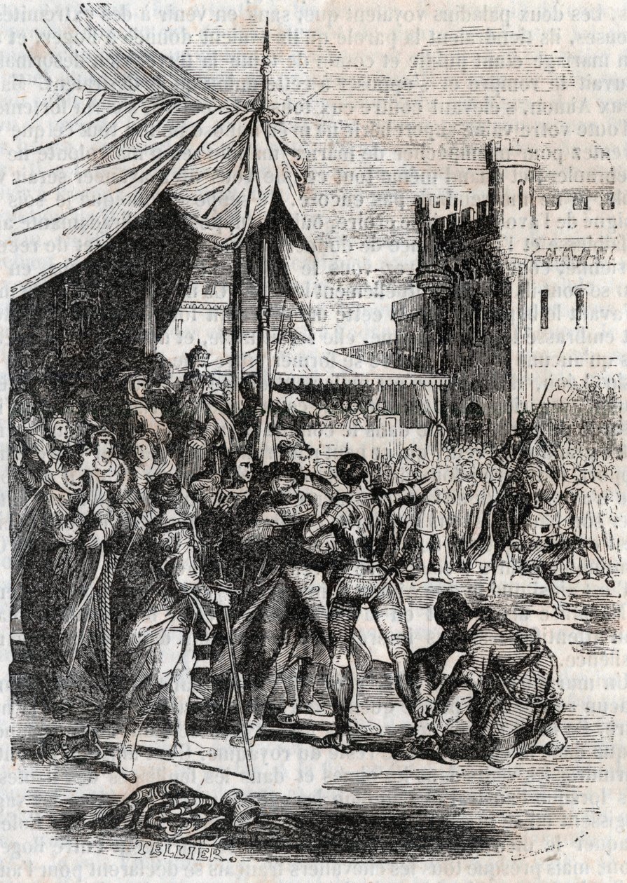 Roger (Ruggero, Ruggiero) daagt Rodomont (Rodomonte) uit in de strijd - gravure van 1851 uit 