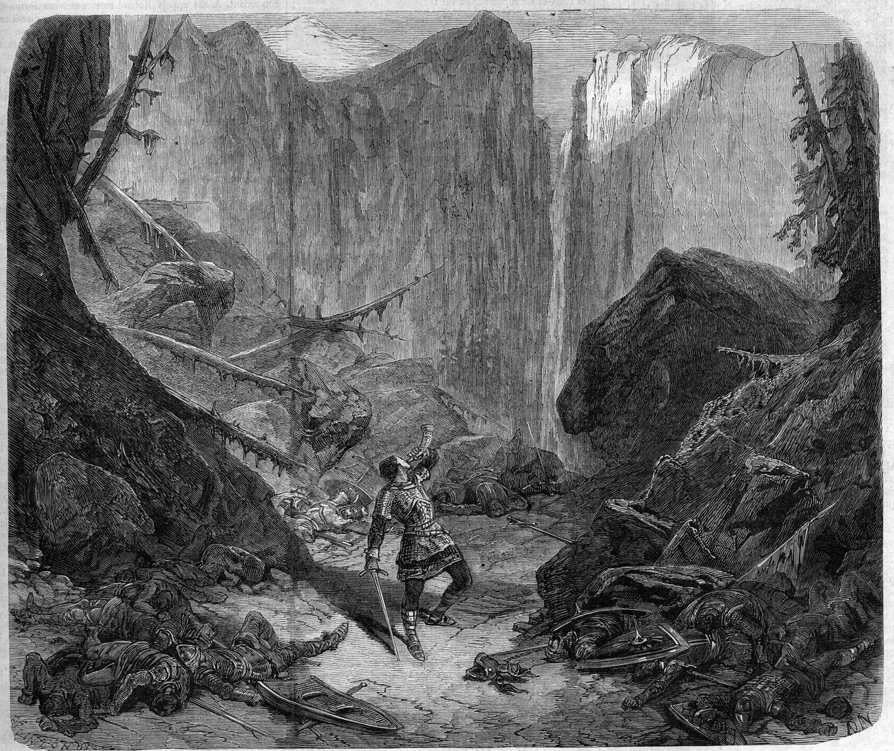 Roland blaast op zijn hoorn tijdens de Slag bij Roncesvalles op 15 augustus 778. Tekening door Alphonse de Neuville (1836-1885) voor de opera 