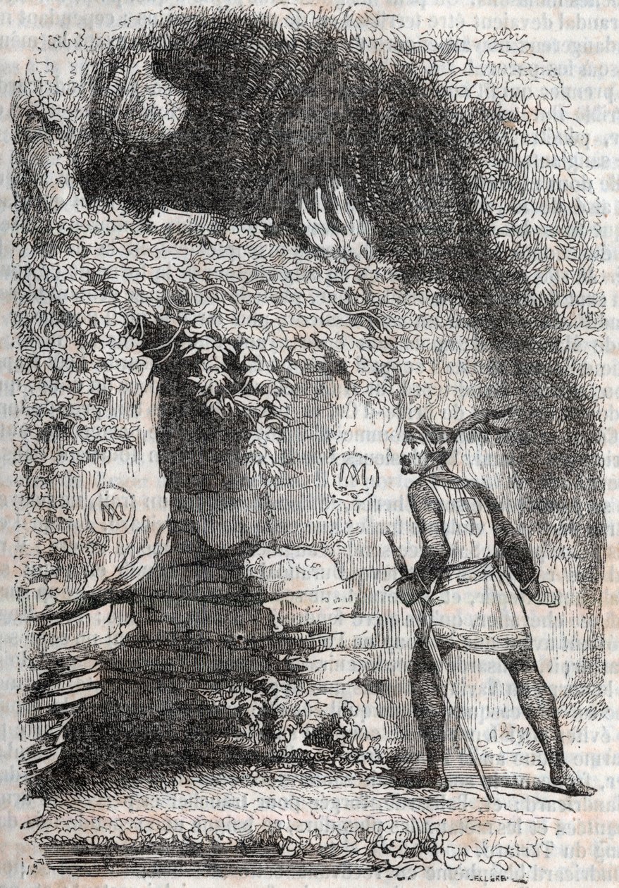 Roland vindt de figuren van Medor (Medoro) en Angelique (Angelica) - gravure uit 1851 van 