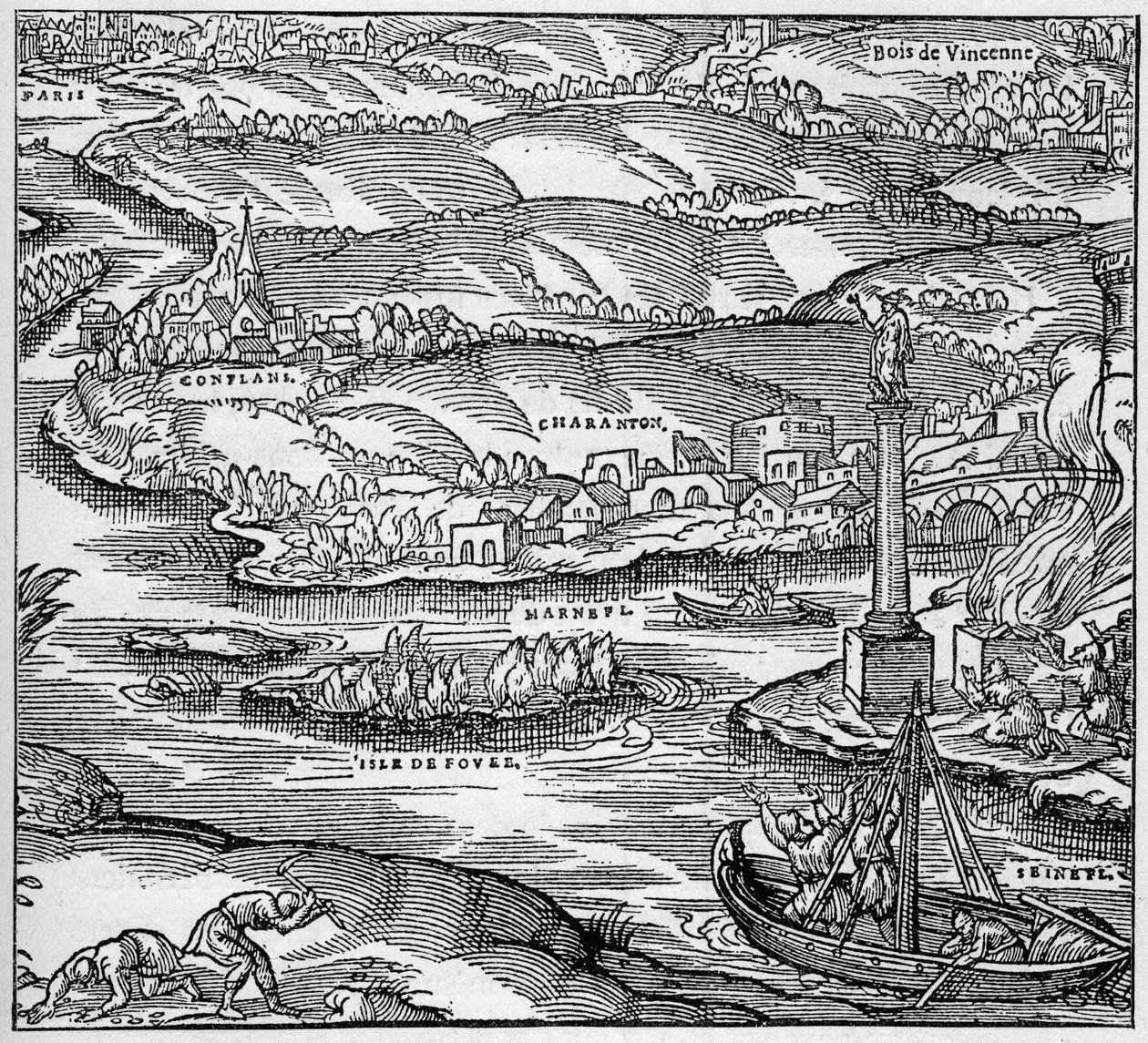 Romeins Gallië: een monument gebouwd door de Parijse zeelieden onder het bewind van Tiberius, bij de samenvloeiing van de Seine en de Marne. Gravure in 