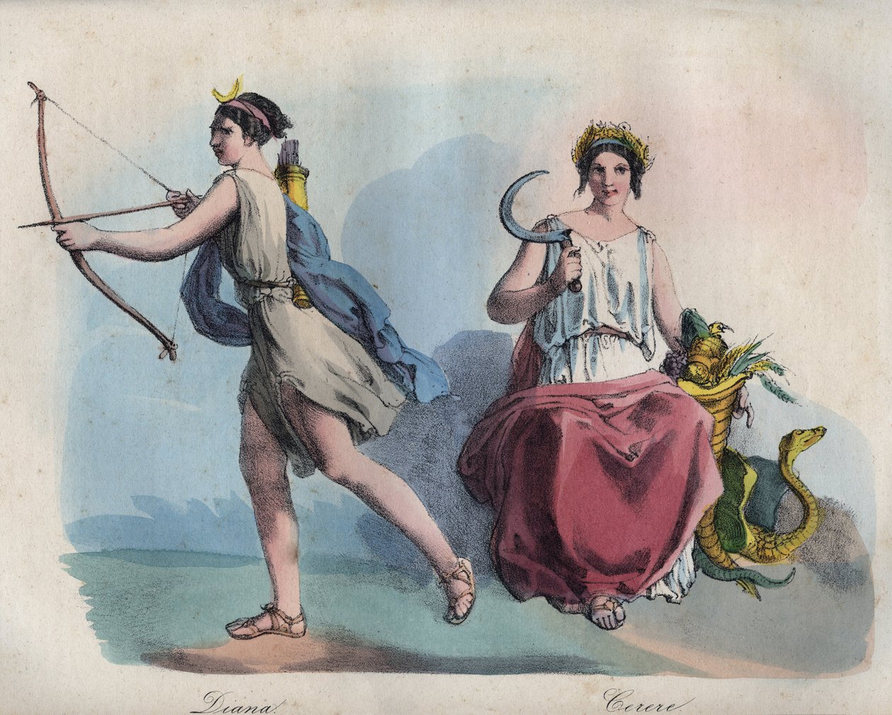 Romeinse mythologie - Diana de godin van de jacht en Ceres godin van de landbouw - gravure uit 