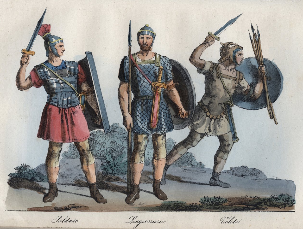 Romeinse soldaat - Legionair - Velites (lichte infanterie) - gravure uit Usi e Costumi di Tutti i Popoli dell