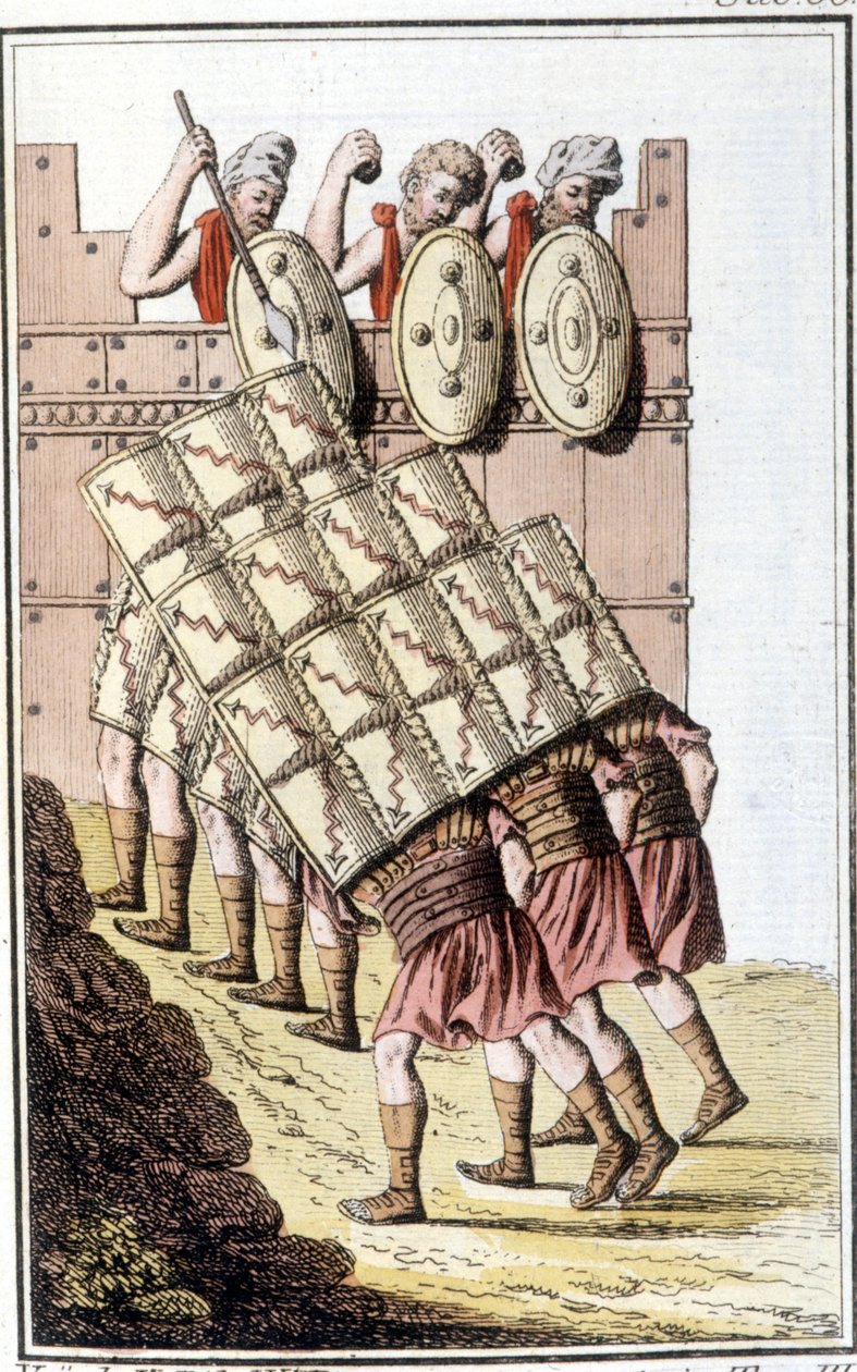 Romeinse soldaten (Romeins legioen) manoeuvreren en verdedigen zich met hun schilden. Gravure uit het begin van de 19e eeuw door Unknown artist