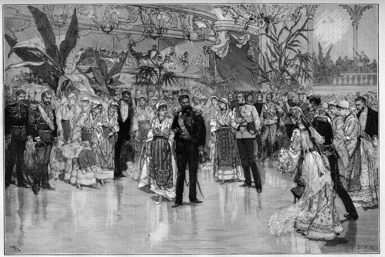Bal ter ere van Prins Rodolph en Prinses Stephanie van Oostenrijk-Hongarije in het Nationaal Theater in Boekarest. Gravure in Le Monde Illustré door Unknown artist