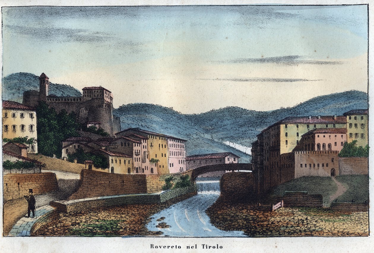 Rovereto stad in Trentino in Noord-Italië - 19e eeuw - gravure uit 