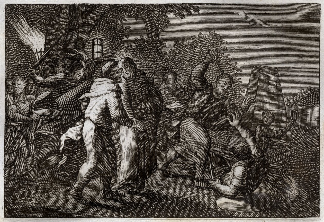 Royaumont Bijbel, Nieuwe Testament: Arrestatie van Jezus Christus of de Kus van Judas. De soldaten komen Christus arresteren in de Hof van Olijven. Sint Petrus hakt het oor van een van hen af. Illustratie uit 1811. door Unknown artist