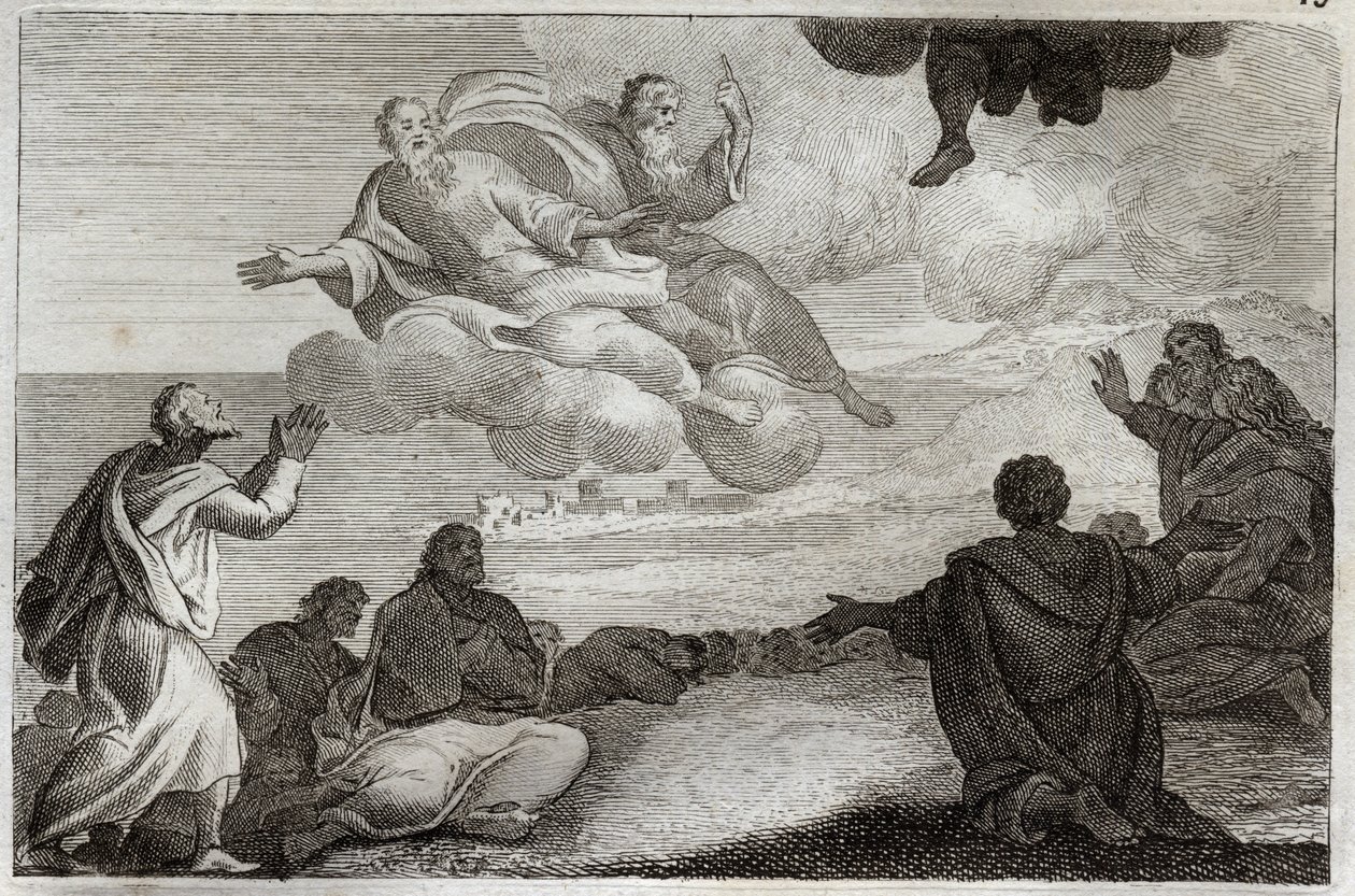 Royaumont Bijbel, Nieuwe Testament: Hemelvaart van Jezus Christus. Christus wordt naar de hemel opgenomen en zegent de apostelen voordat hij in een wolk verdwijnt. Illustratie uit 1811. door Unknown artist