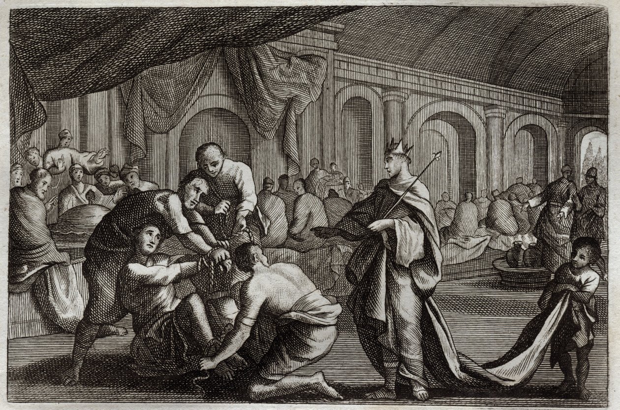 Royaumont Bijbel, Nieuwe Testament: Bruidskleed. Parabel van een koning die de bruiloft van zijn zoon vierde, waarbij hij een man zonder bruidskleed afwees. Illustratie uit 1811. door Unknown artist