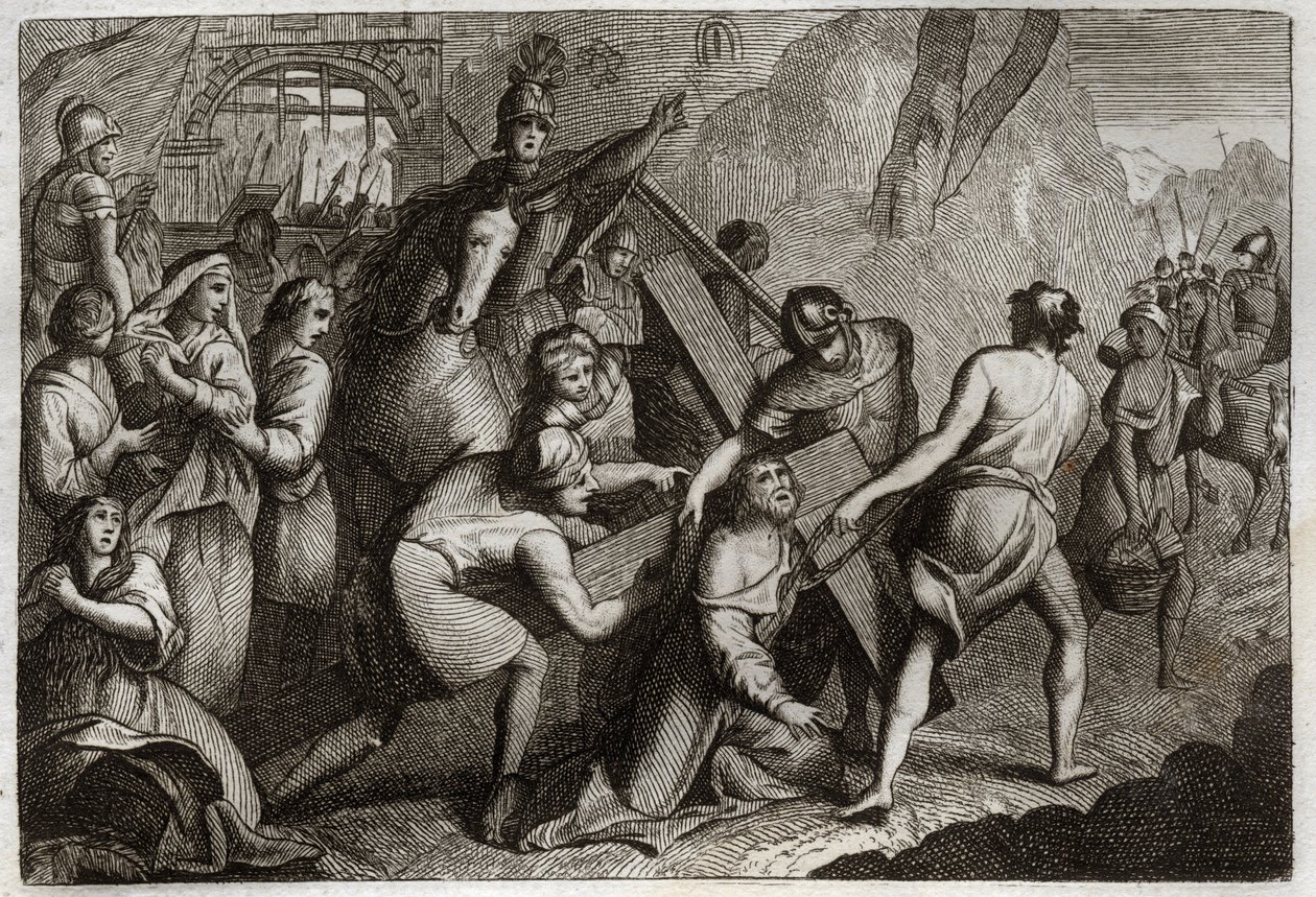 Royaumont Bijbel, Nieuwe Testament: Kruisdraging (Kruisweg). Jezus Christus draagt zijn kruis naar de berg Calvarie met hulp van Simon van Cyrene (de Cyreneeër). Illustratie uit 1811. door Unknown artist