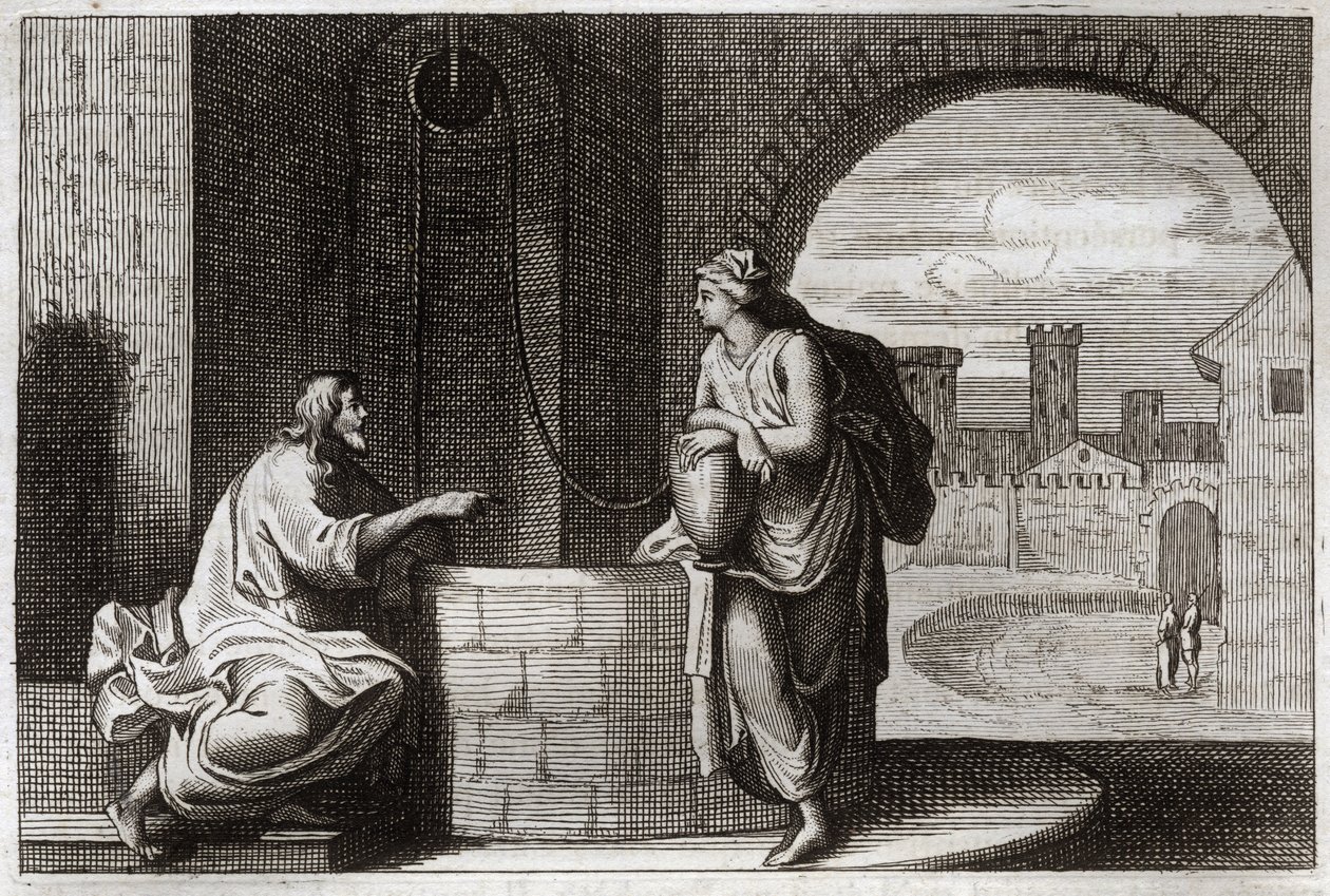 Royaumont Bijbel, Nieuwe Testament: Christus en de Samaritaanse vrouw bij de bron. Jezus Christus bekeert een Samaritaanse vrouw. Illustratie uit 1811. door Unknown artist