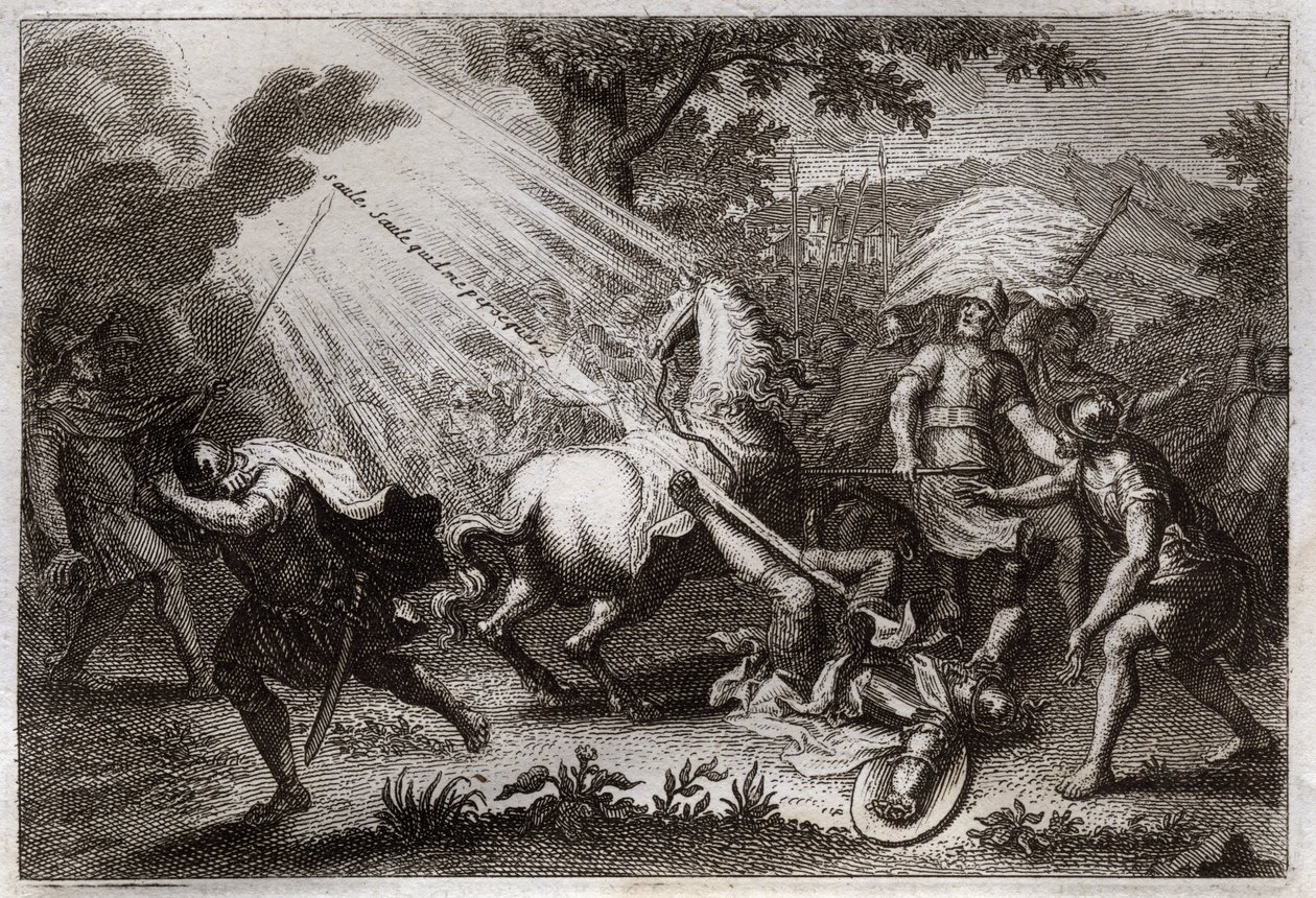 Royaumont Bijbel, Nieuwe Testament: Bekering van St. Paulus op weg naar Damascus. Hij hoort de stem van Jezus Christus die tegen hem zegt 