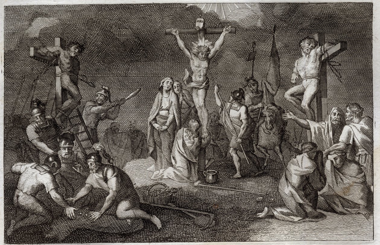 Royaumont Bijbel, Nieuwe Testament: Kruisiging van Jezus Christus. De Maagd Maria, Sint Maria Magdalena en Sint Johannes aan de voet van het kruis, Sint Longinus de Centurion (Sint Longinus) met zijn speer, soldaten spelen om de tuniek van Christus. Aan de door Unknown artist