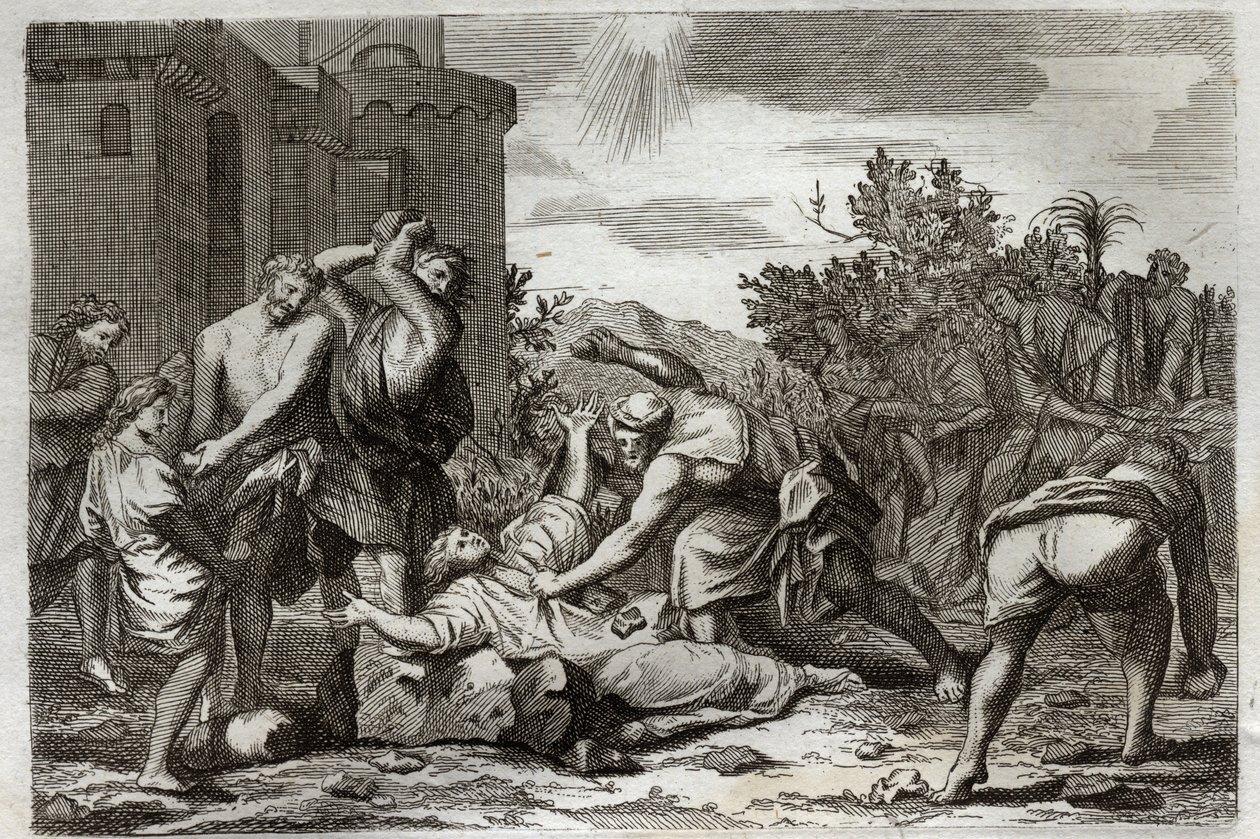 Royaumont Bijbel, Nieuwe Testament: Dood van St. Stefanus, eerste christelijke martelaar, door steniging. Illustratie uit 1811. door Unknown artist