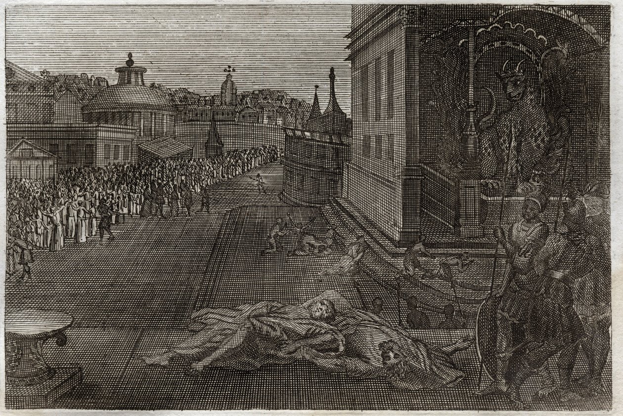 Bijbel van Royaumont, Nieuwe Testament: Dood van de twee profeten. De visioen van Sint Jan over twee dode profeten, die daarna weer tot leven komen. Zevende bazuin van de Openbaring. Illustratie uit 1811 door Unknown artist