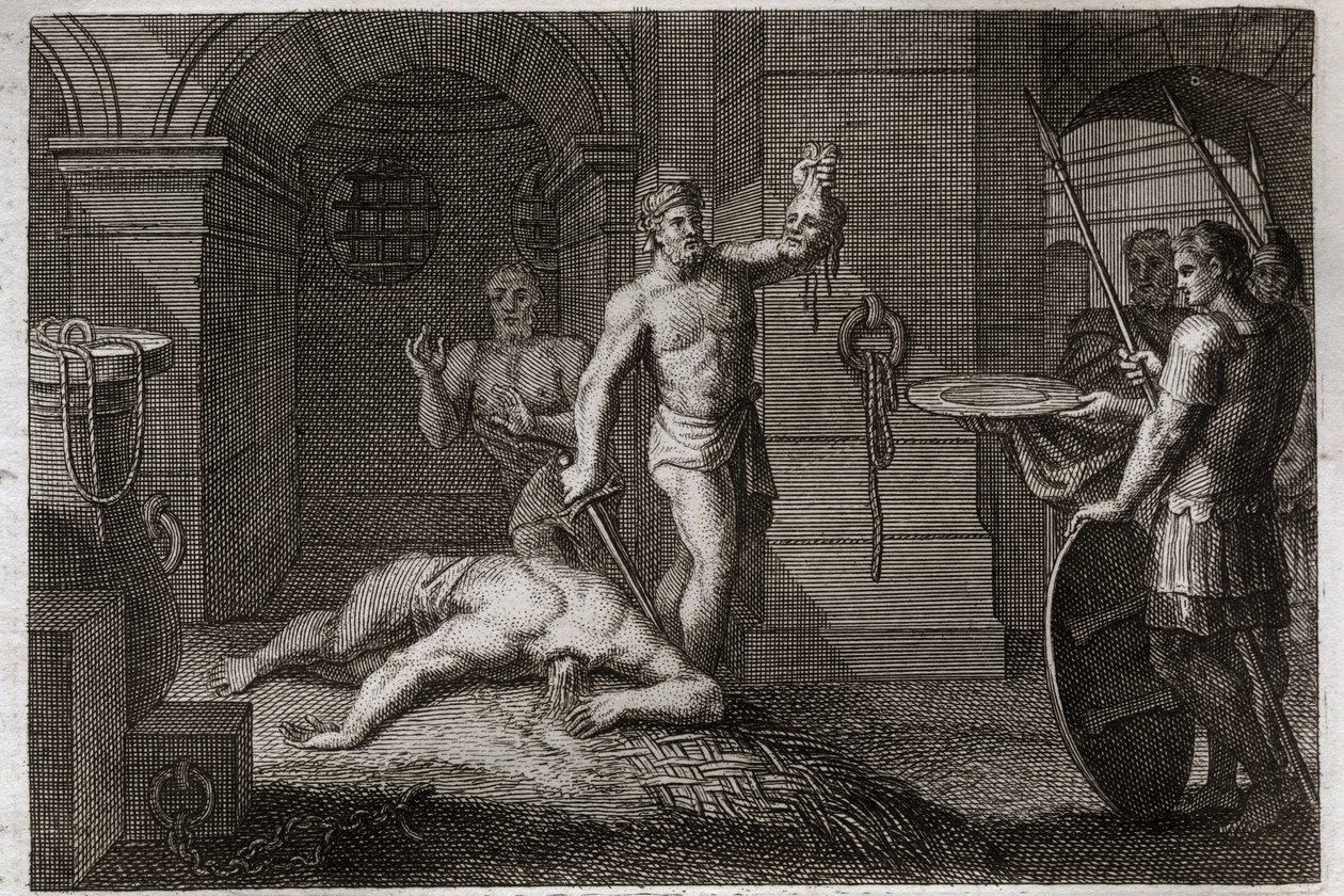 Bijbel van Royaumont, Nieuwe Testament: Onthoofding van Sint Jan de Doper. Men legt zijn hoofd op een schaal. Illustratie uit 1811. door Unknown artist