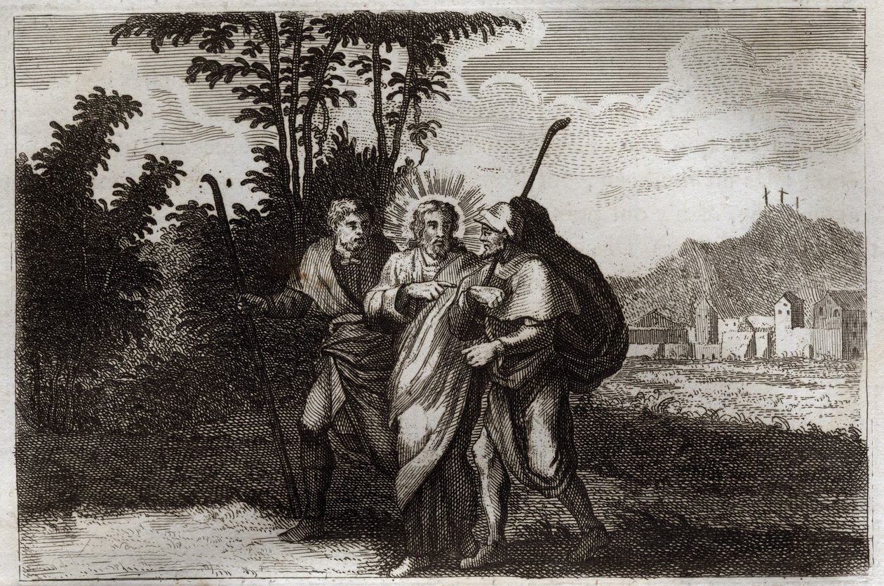 Royaumont Bijbel, Nieuwe Testament: Discipelen van Emmaüs. De twee discipelen van Emmaüs ontmoeten de verrezen Christus. Illustratie uit 1811. door Unknown artist