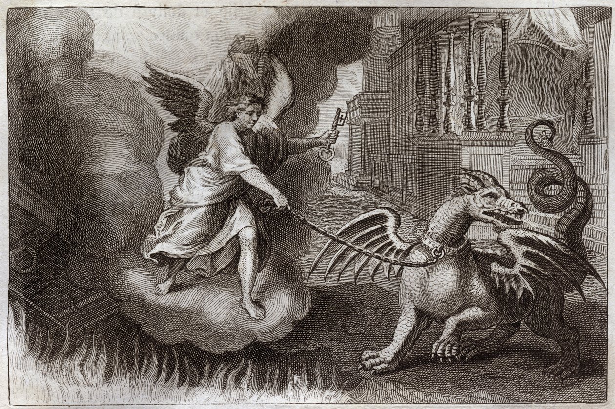 Royaumont Bijbel, Nieuwe Testament: Drakenkettingen. De Draak van de Openbaring, symbool van de Duivel, wordt geketend door een Engel met de sleutel van de afgrond. Illustratie uit 1811. door Unknown artist