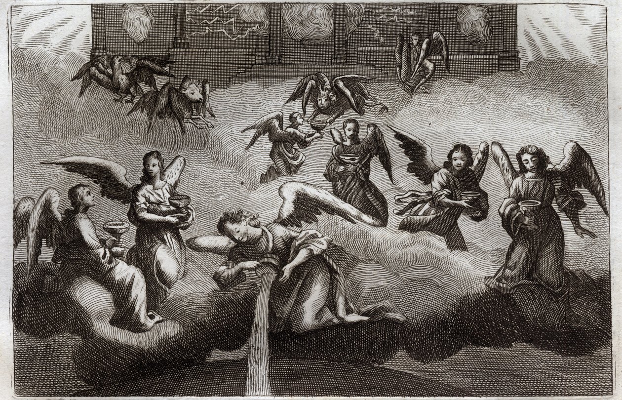 Royaumont Bijbel, Nieuwe Testament: Draak van de Openbaring. Zeven engelen gieten de inhoud van hun beker, symbool van Gods toorn, op aarde. Illustratie uit 1811. door Unknown artist