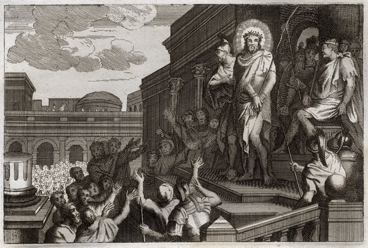 Royaumont Bijbel, Nieuwe Testament: Ecce homo. Pontius Pilatus (Pontius Pilatus) presenteert Jezus Christus met doornen aan de menigte en zegt: "Zie de Mens". Illustratie uit 1811. door Unknown artist
