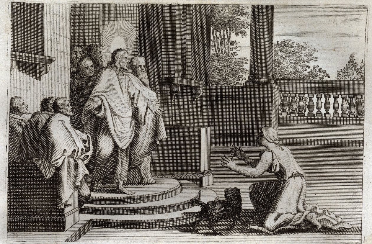 Royaumont Bijbel, Nieuwe Testament: Jezus Christus en de vrouw van Kanaän. Een boerin vraagt de Heer om hulp om haar dochter te genezen. Christus antwoordde haar: 