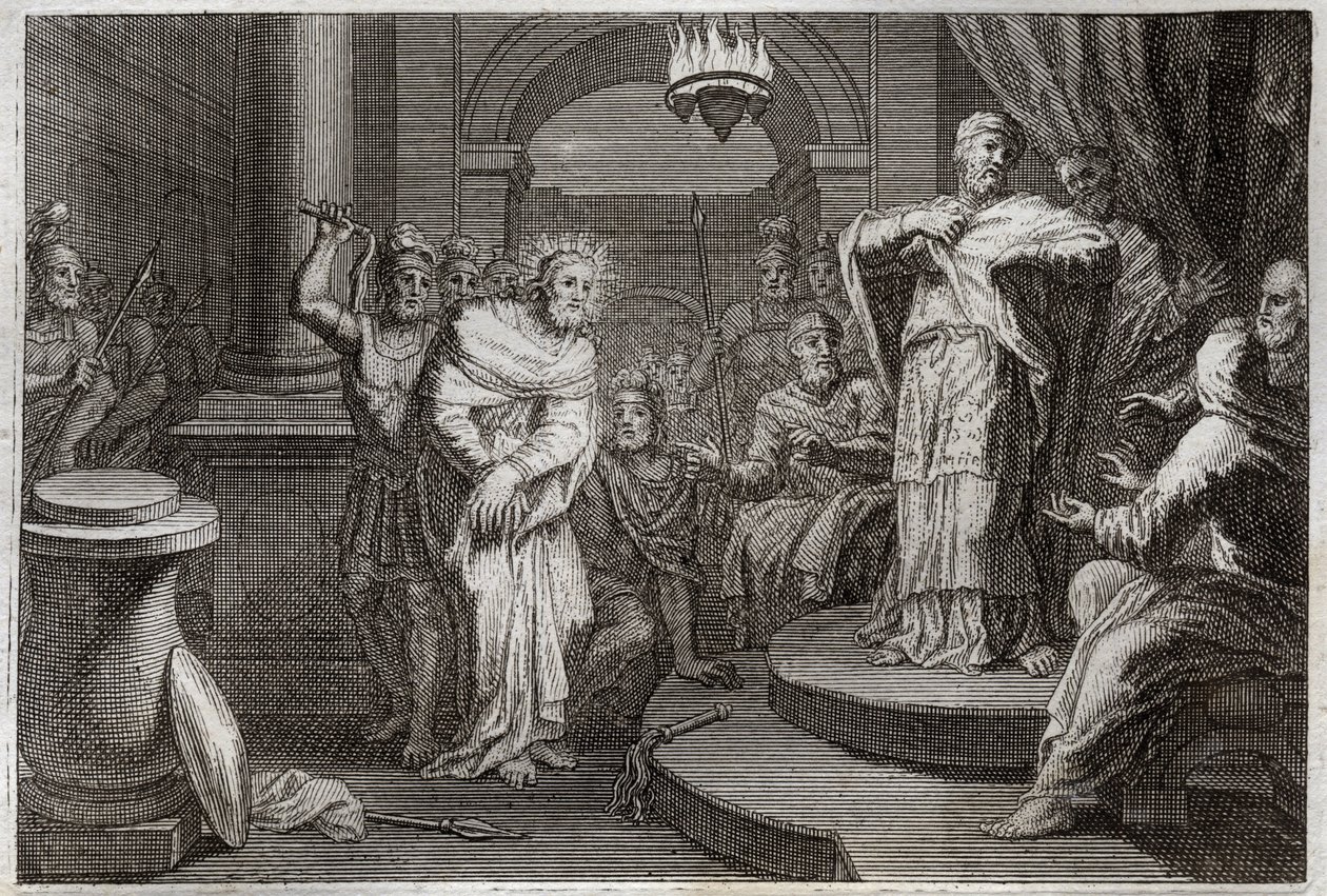 Royaumont Bijbel, Nieuwe Testament: Jezus Christus voor Kajafas en Anan (Hanan of Anne of Hanne). Illustratie uit 1811. door Unknown artist