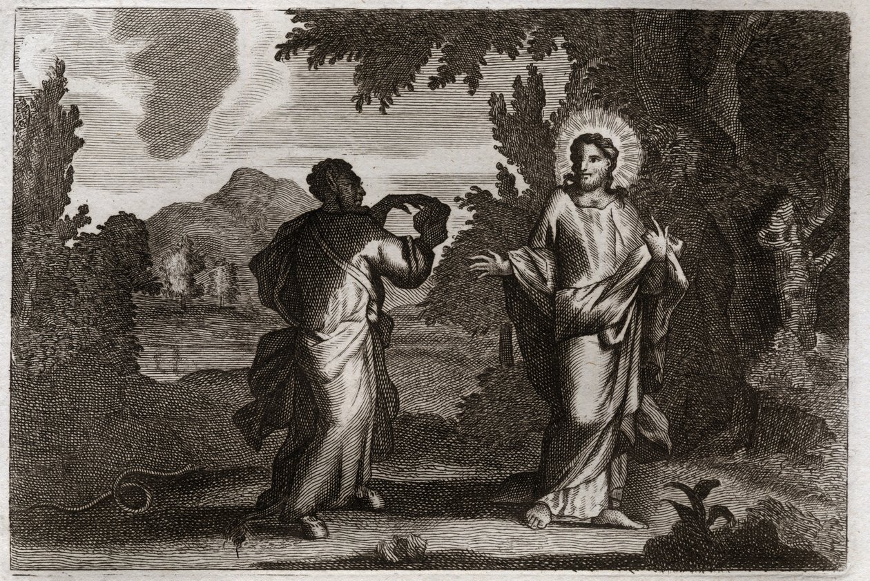 Royaumont Bijbel, Nieuwe Testament: Jezus Christus in de woestijn. Jezus wordt de woestijn in gedreven. Hij vast veertig dagen en veertig nachten. Hij wordt verleid door de demon die hem uitnodigt om stenen in brood te veranderen. Illustratie uit 1811. door Unknown artist