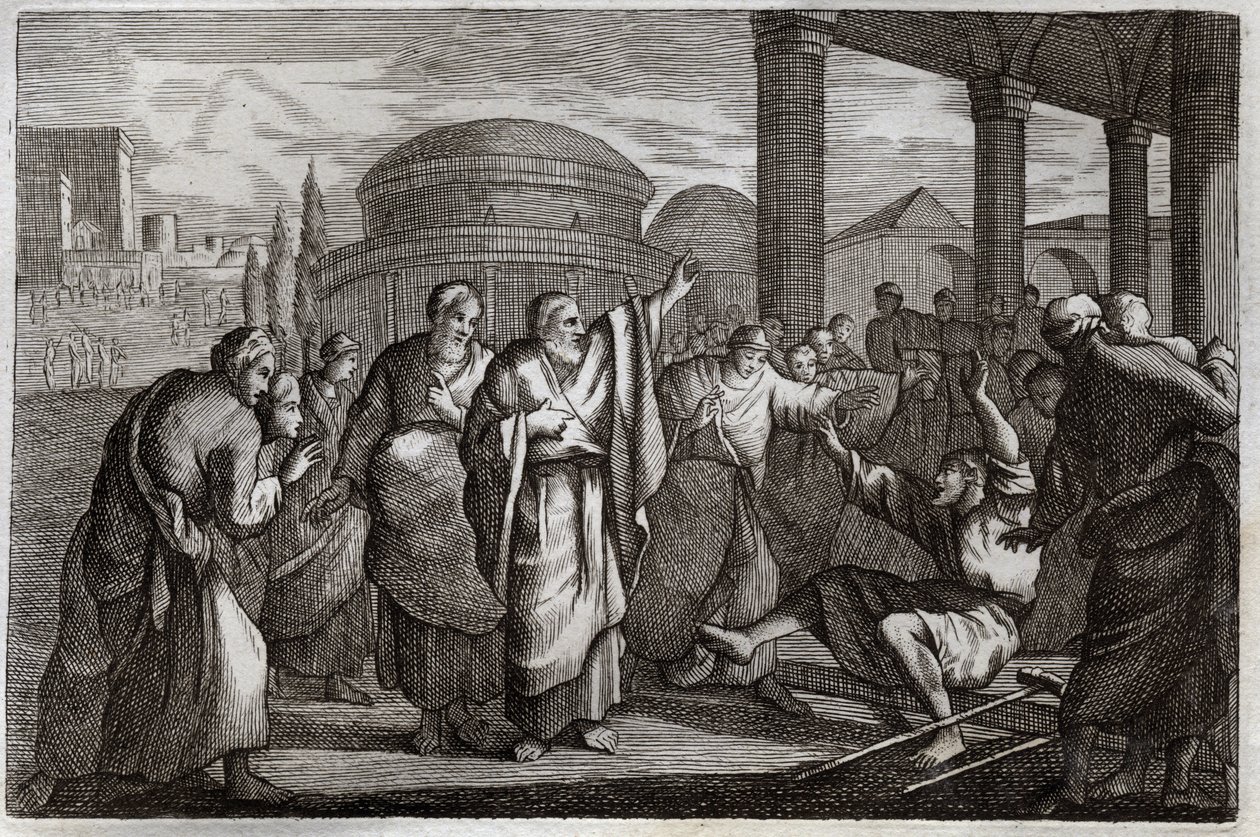 Bijbel van Royaumont, Nieuwe Testament: Genezing van een lamme. Sint Paulus geneest een lamme en stopt een menigte die hem als een god wilde vereren. Illustratie uit 1811 door Unknown artist
